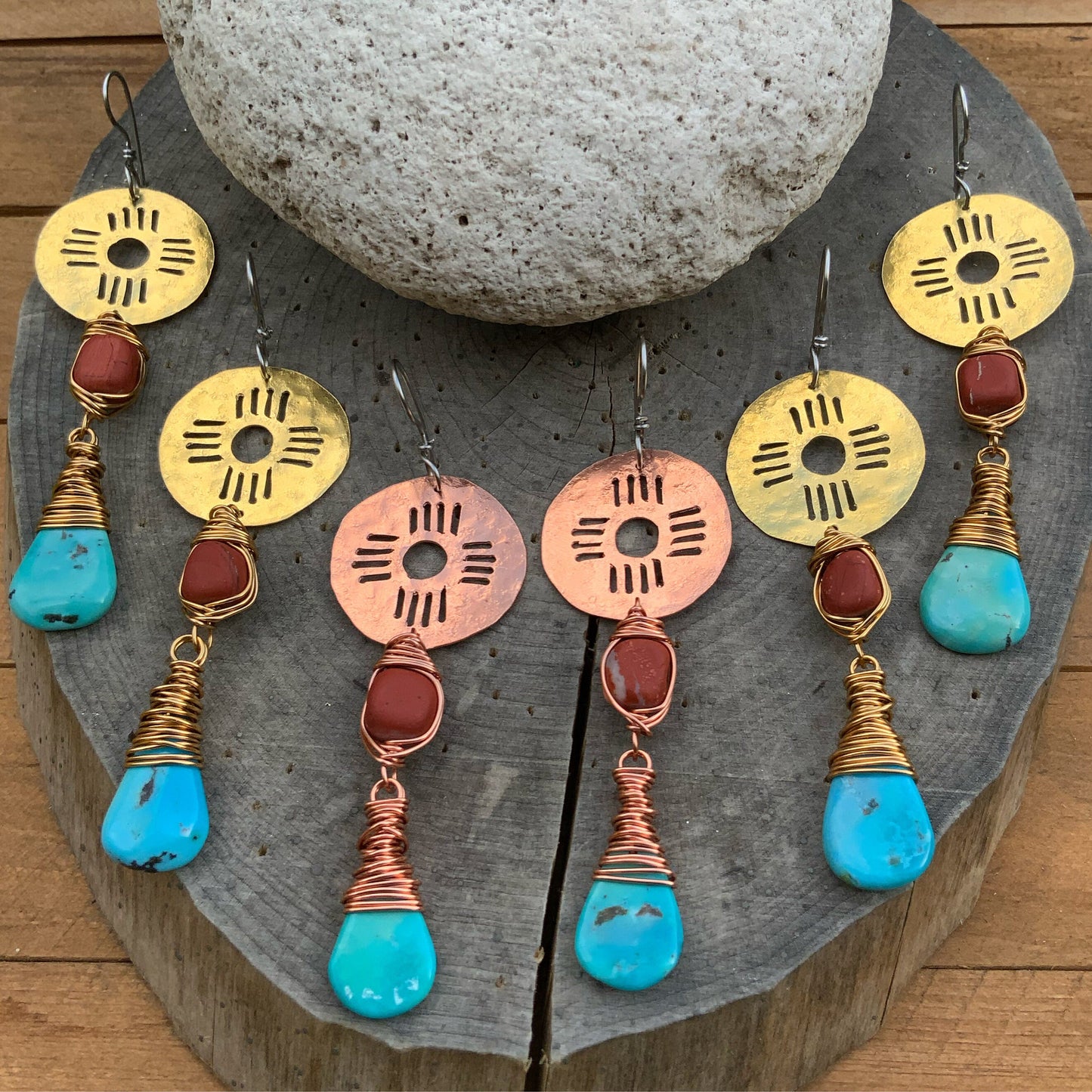 turquoise Zia drop earrings , New Mexico earrings , southwestern jewelry