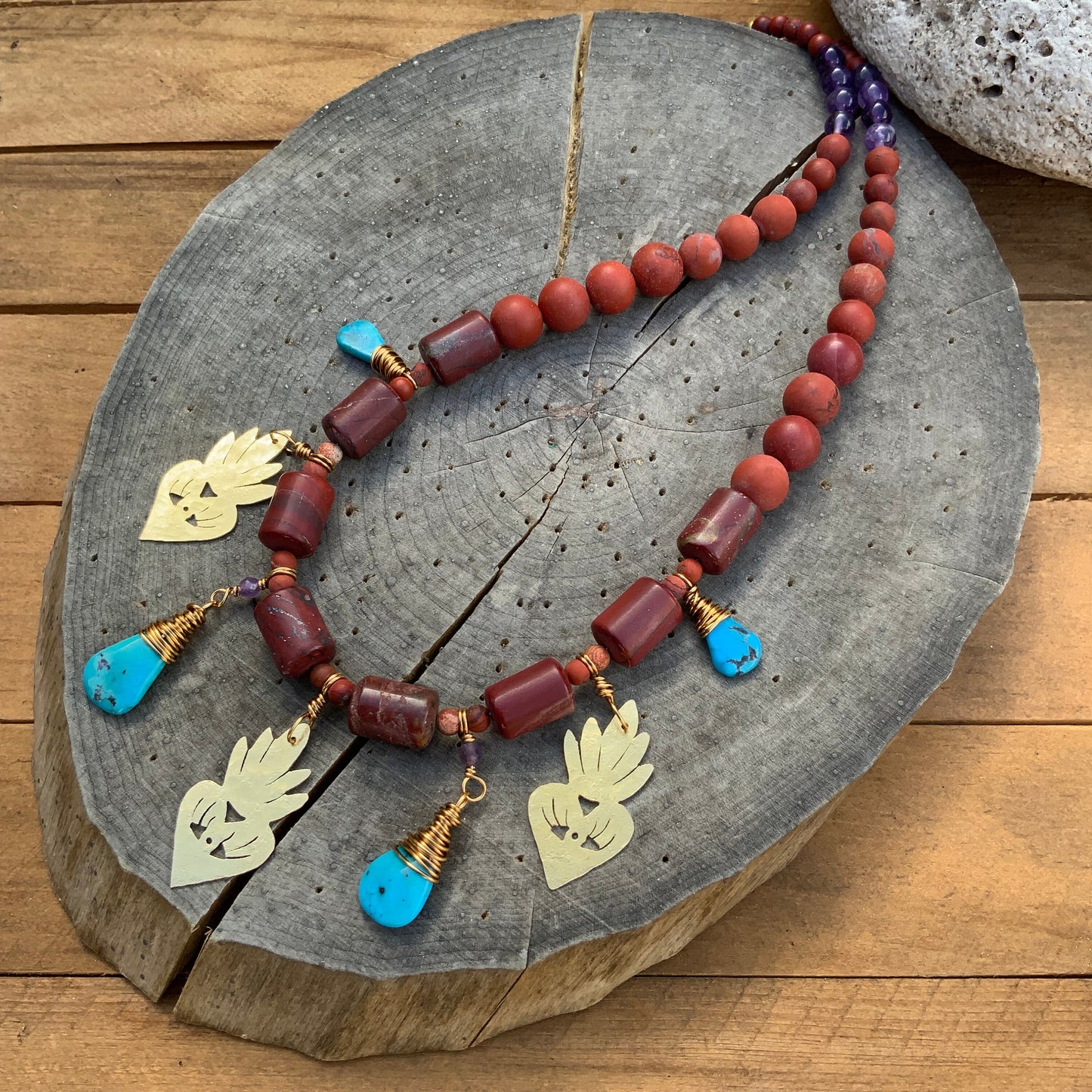 Red Jasper Necklace: Brass Milagro Charm, Amethyst Leaf, Handmade