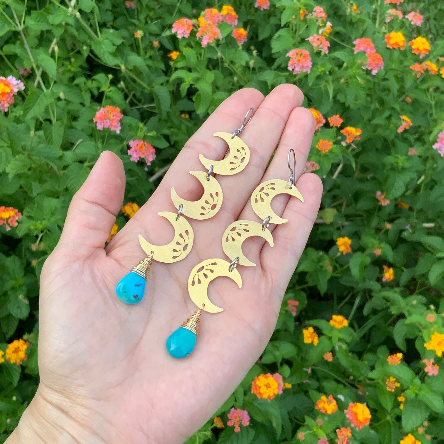 Hammered Brass Crescent Moon Earrings: Turquoise Dangle, Handmade