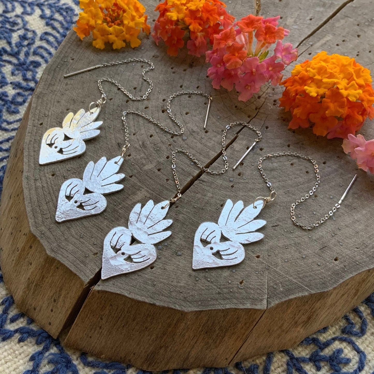 Milagro Sacred Heart Threader Earrings: Handmade Aluminum Dangle