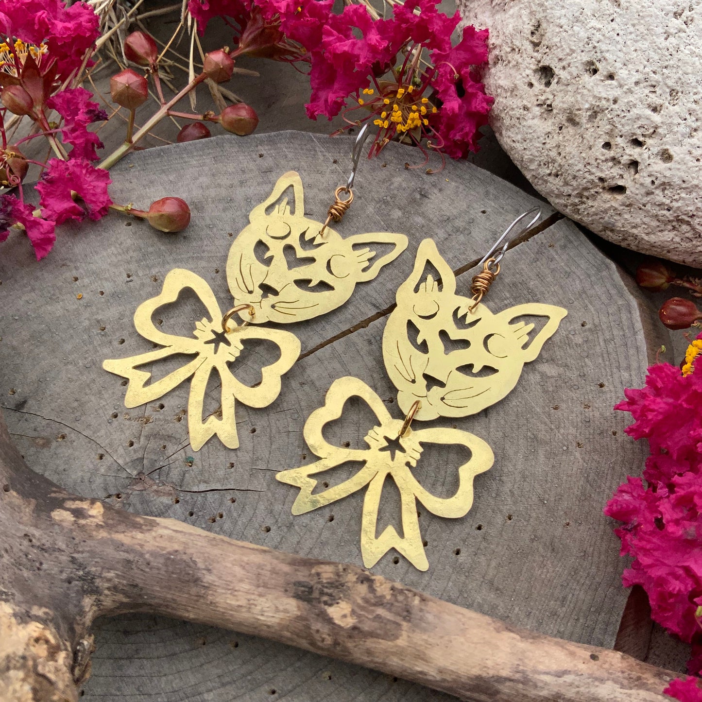 Handmade Brass Cat Earrings: Kitty with Bow Dangle Earrings