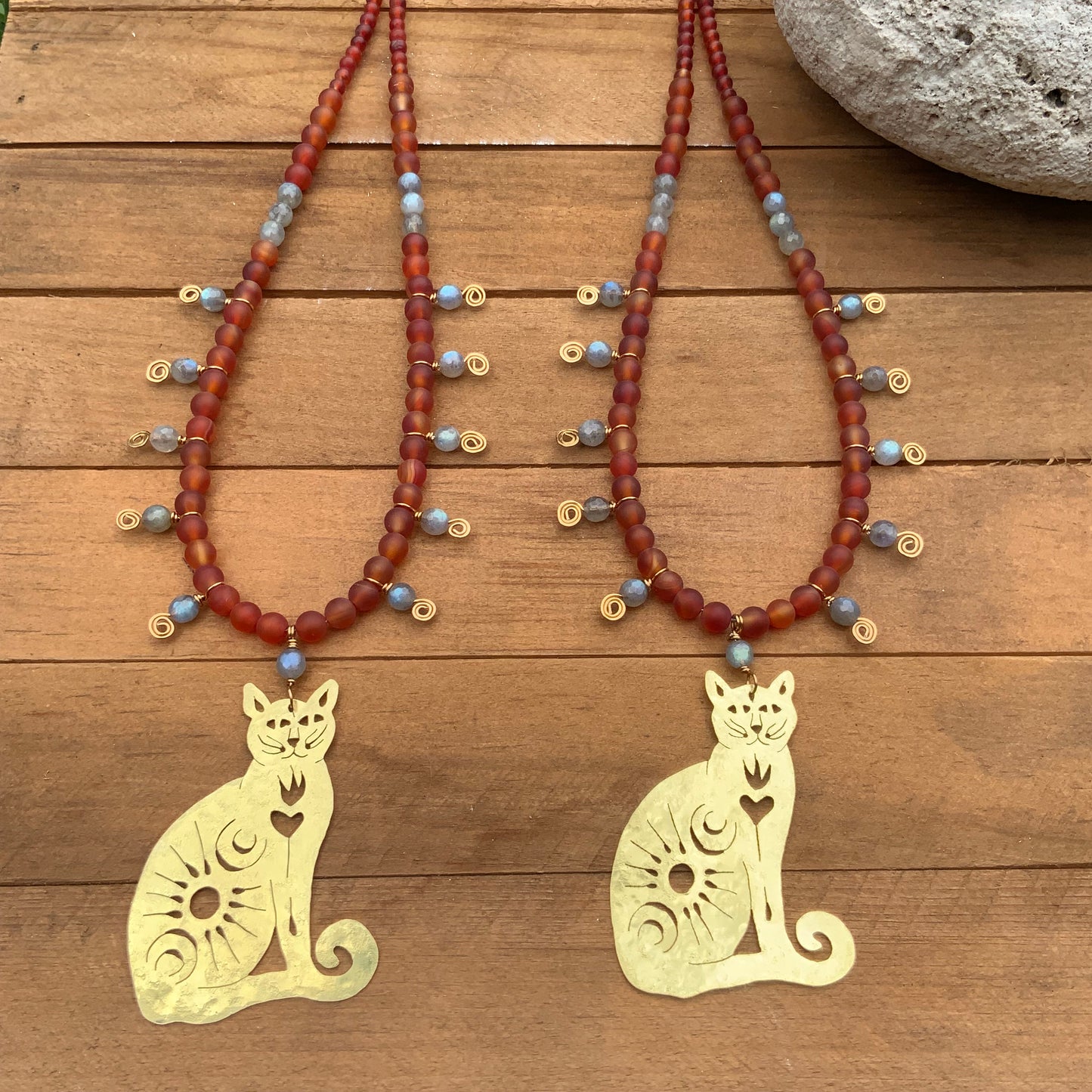 Handmade Brass Cat Necklace: Carnelian & Labradorite Beaded Jewelry