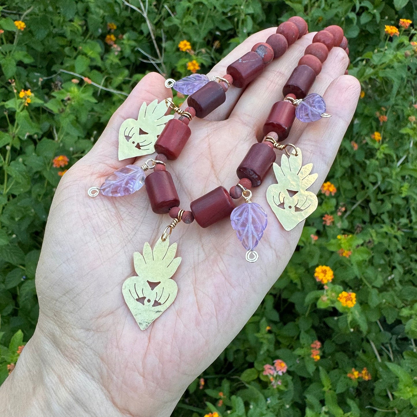 Red Jasper Necklace: Brass Milagro Charm, Amethyst Leaf, Handmade