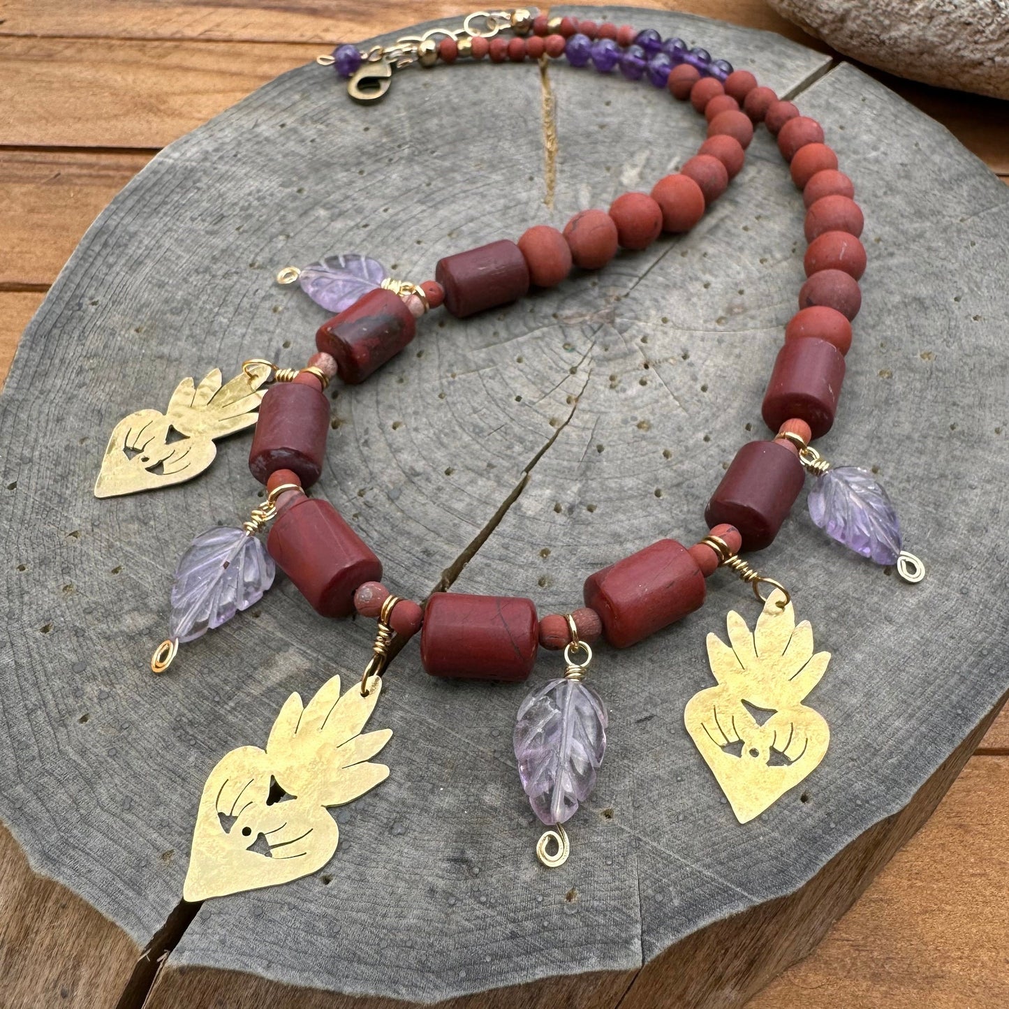 Red Jasper Necklace: Brass Milagro Charm, Amethyst Leaf, Handmade