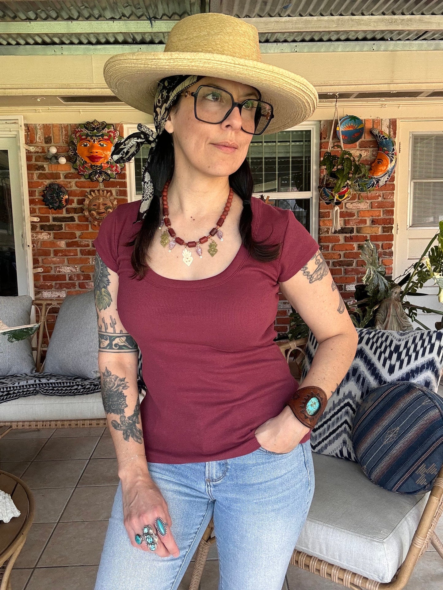 Red Jasper Necklace: Brass Milagro Charm, Amethyst Leaf, Handmade