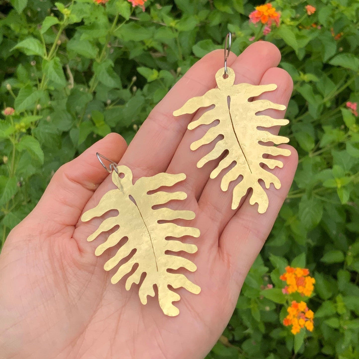 Large Brass Fern Earrings: Woodland Dangle Earrings