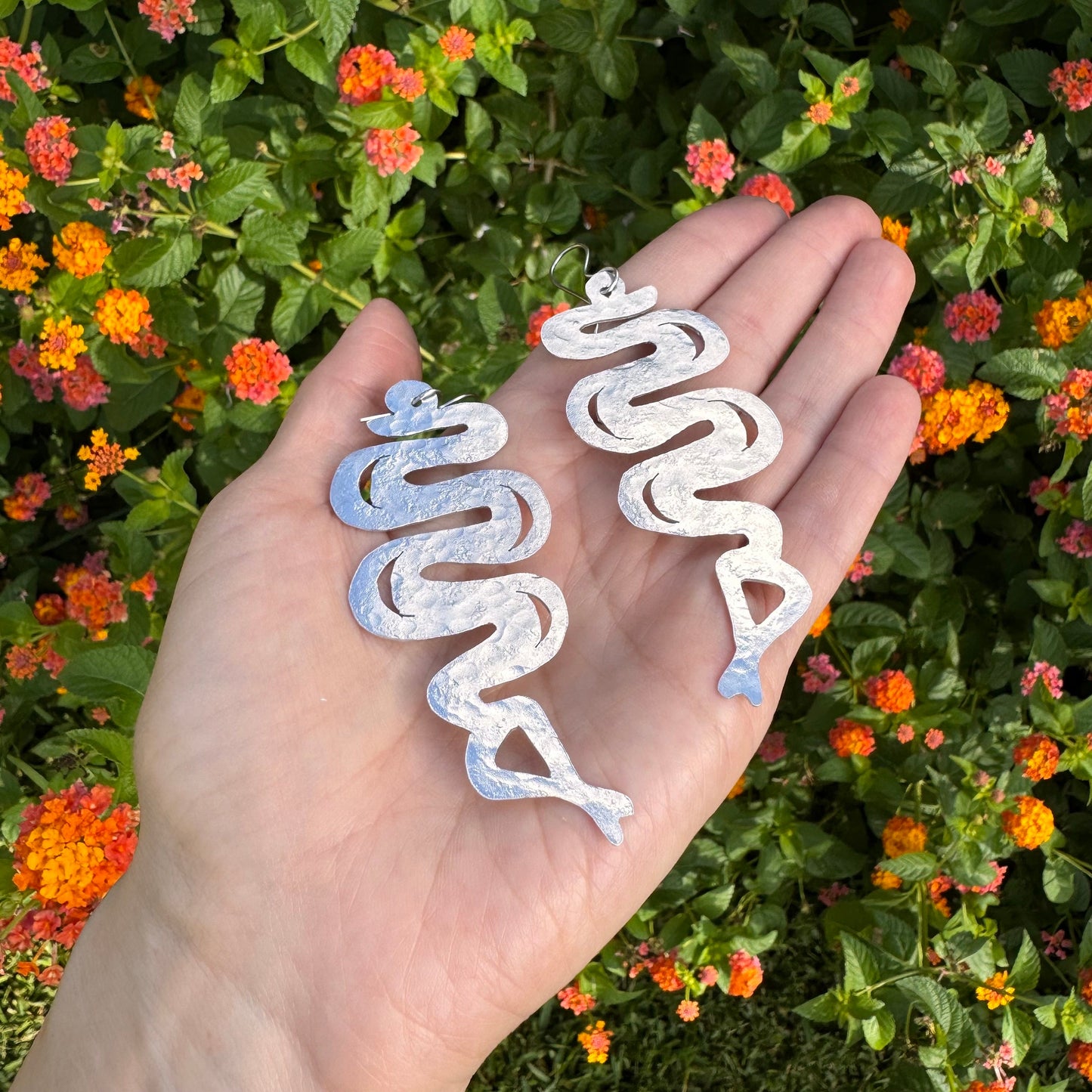 Handmade Hammered Brass Snake Dangle Earrings