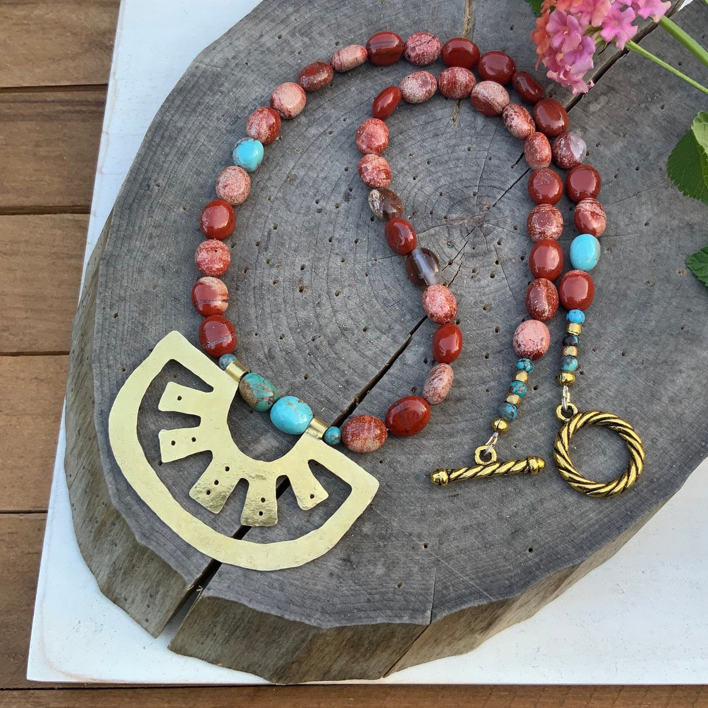Hammered Brass Oaxacan Necklace: Red Jasper & Turquoise Beads