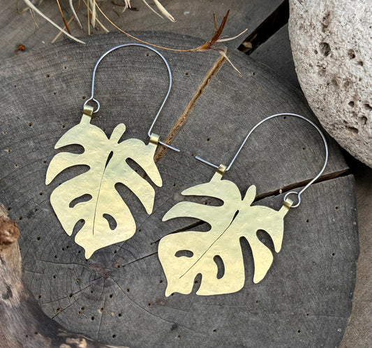 Handmade Monstera Leaf Hoop Earrings: Brass Tropical Jewelry