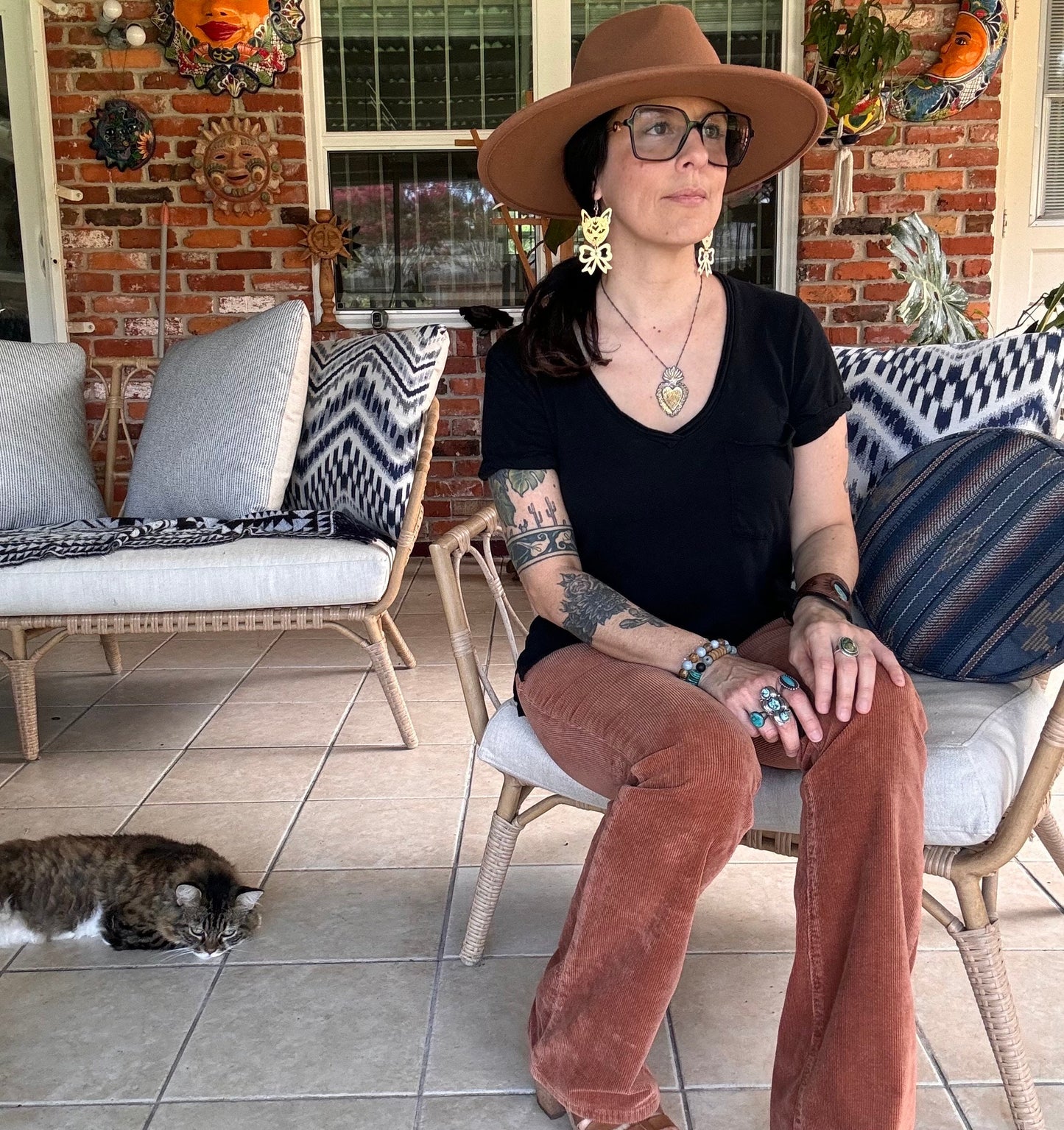 Handmade Brass Cat Earrings: Kitty with Bow Dangle Earrings