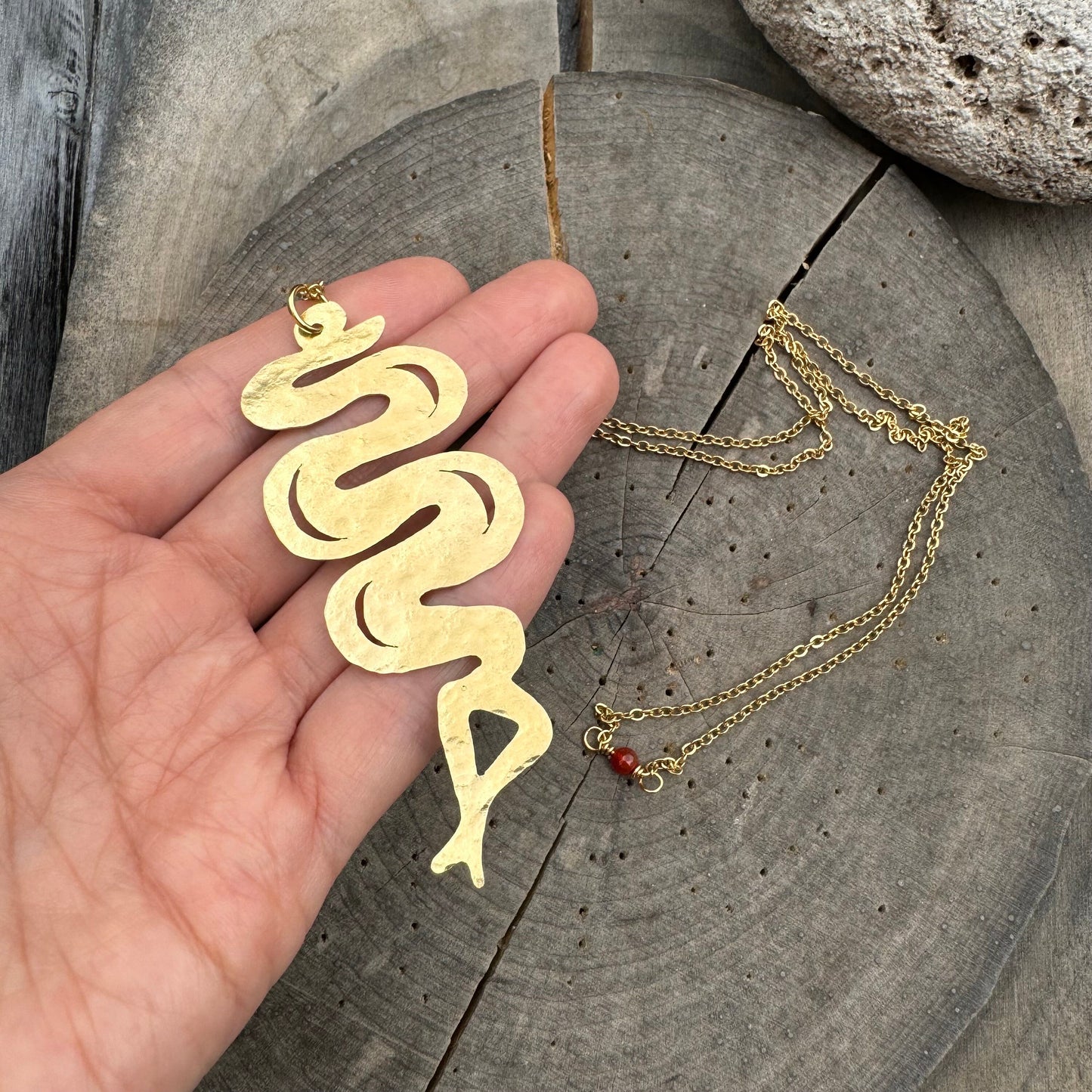 Snake pendant necklace, brass Snake on long chain