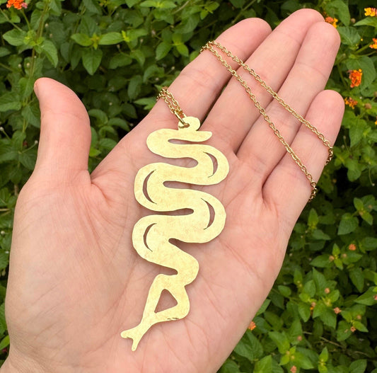 Snake pendant necklace, brass Snake on long chain