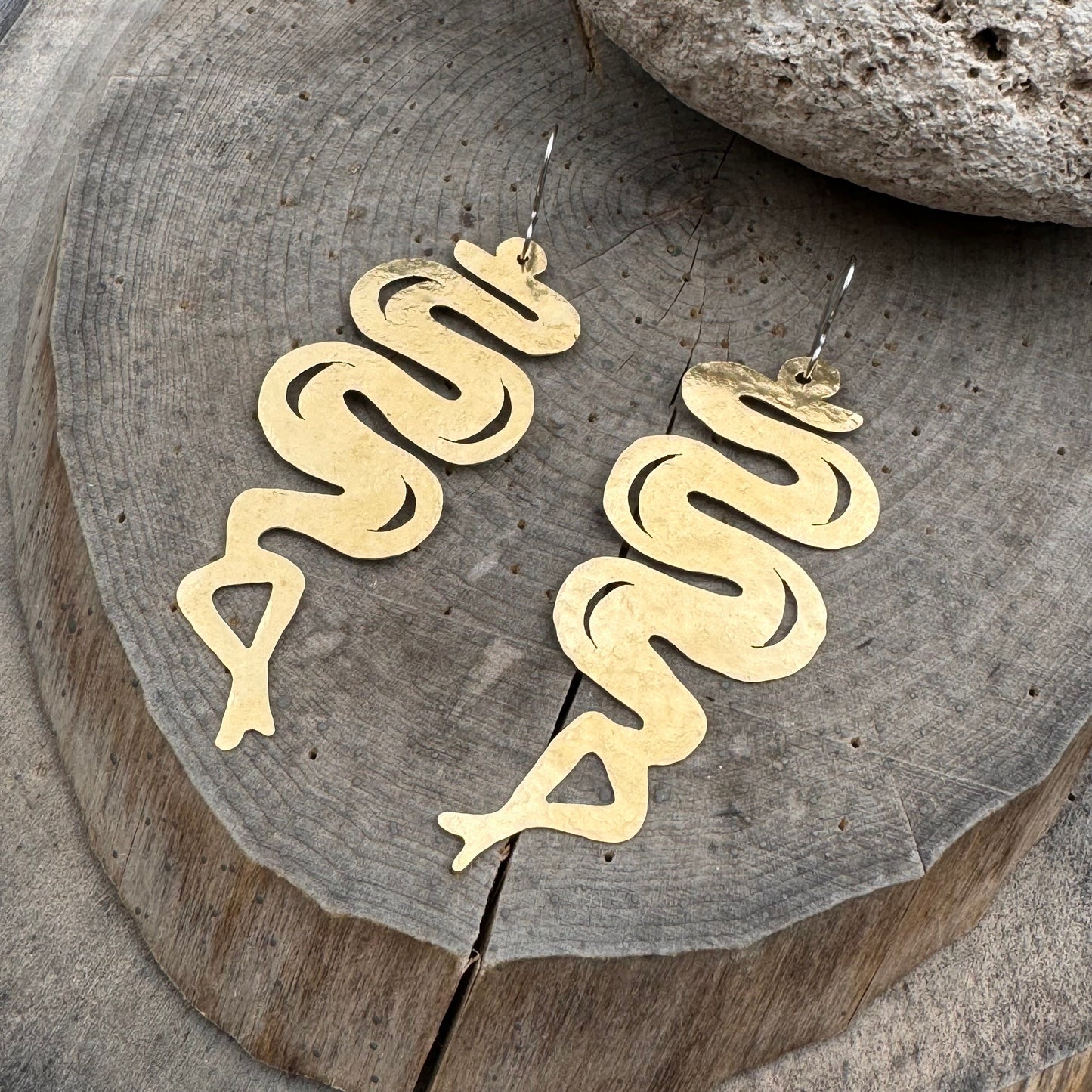 Handmade Hammered Brass Snake Dangle Earrings