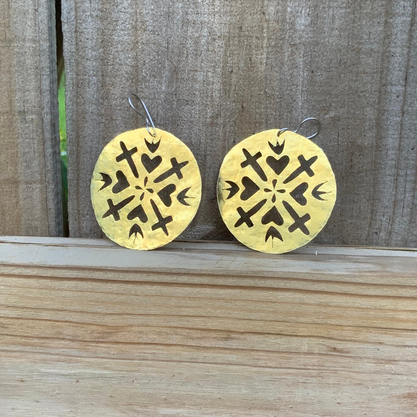 Hammered Brass Sacred Heart and cross Earrings: Handmade Cutout Jewelry