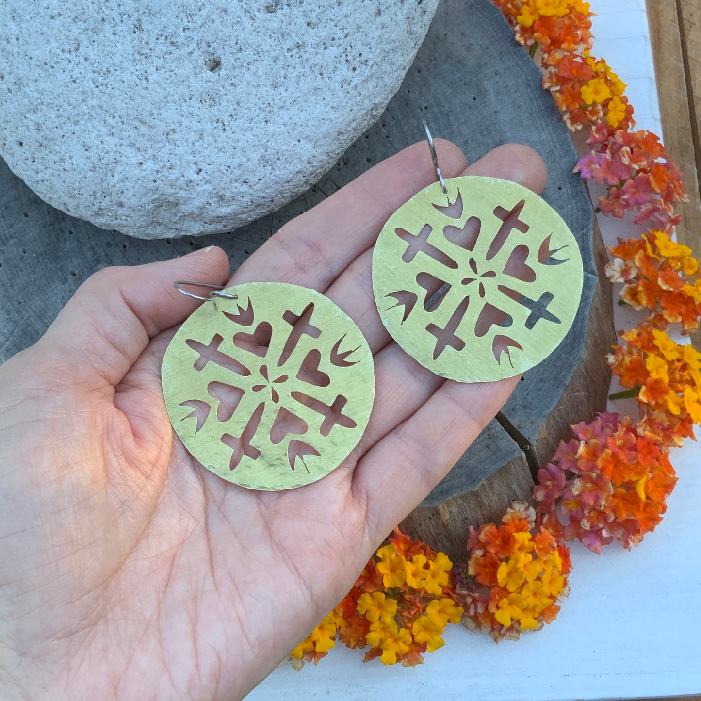 Hammered Brass Sacred Heart and cross Earrings: Handmade Cutout Jewelry