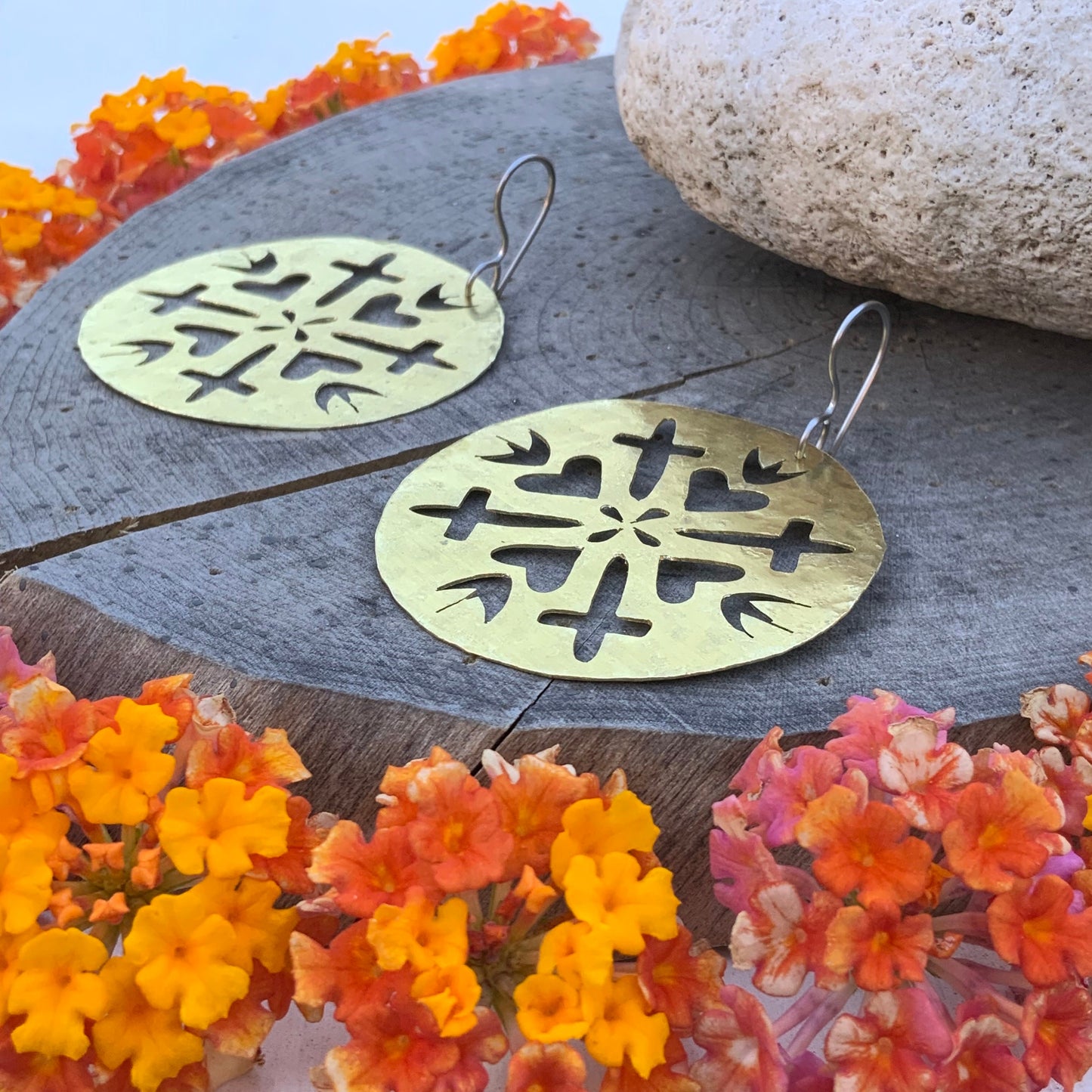 Hammered Brass Sacred Heart and cross Earrings: Handmade Cutout Jewelry