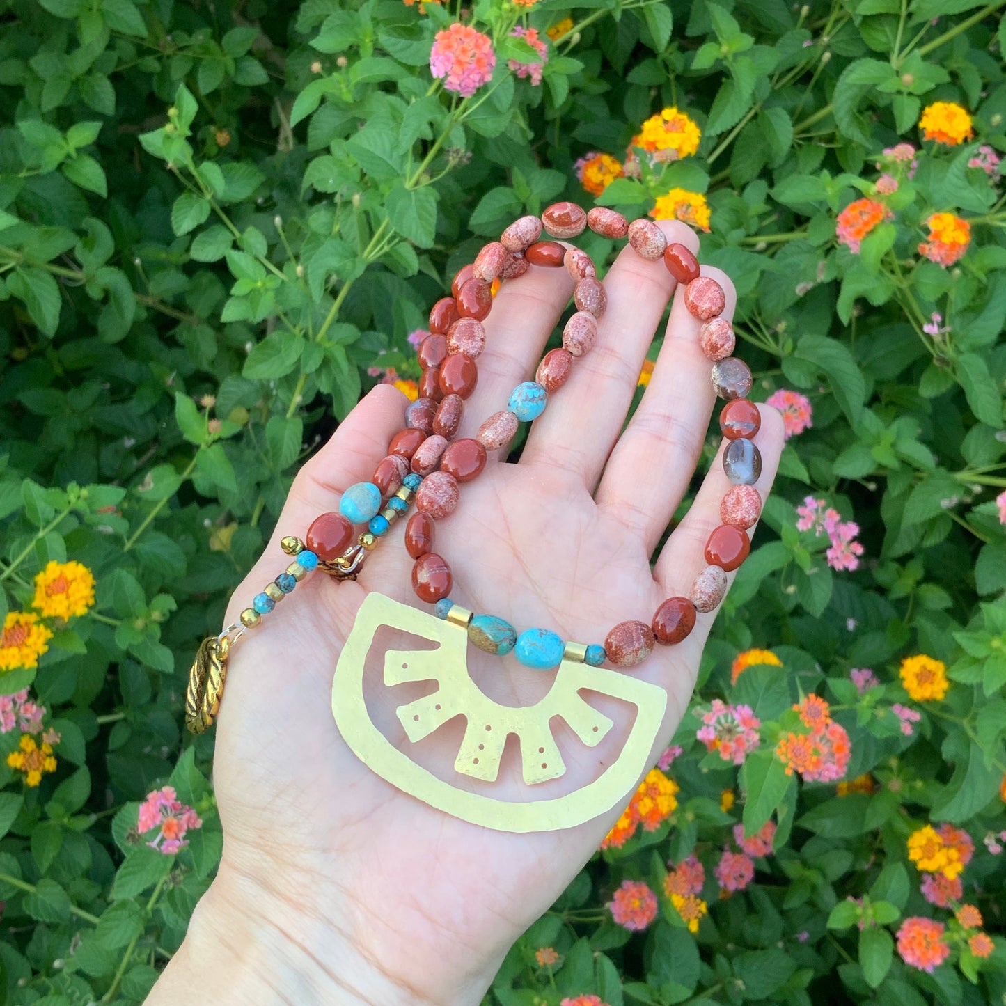 Hammered Brass Oaxacan Necklace: Red Jasper & Turquoise Beads