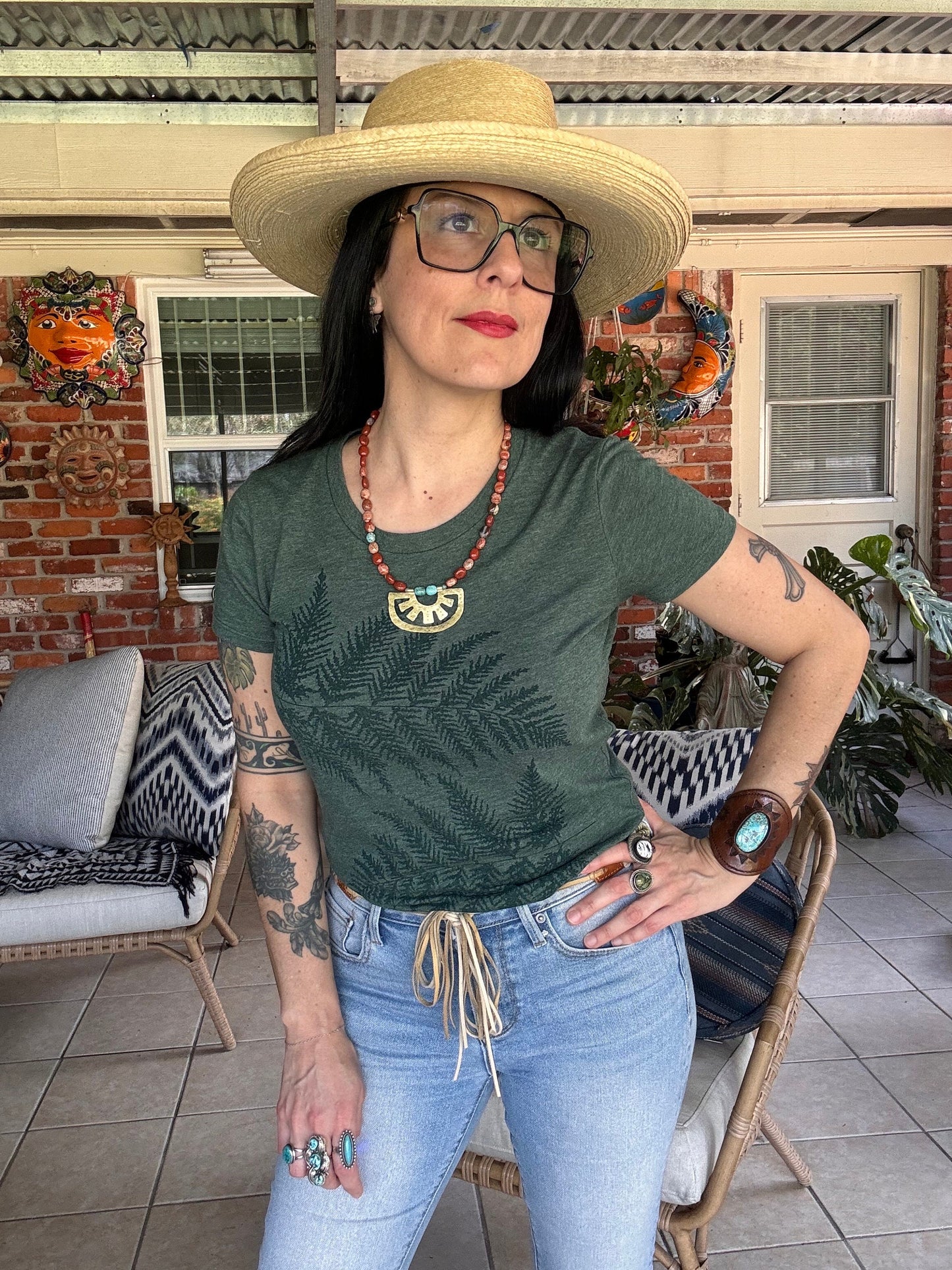 Hammered Brass Oaxacan Necklace: Red Jasper & Turquoise Beads