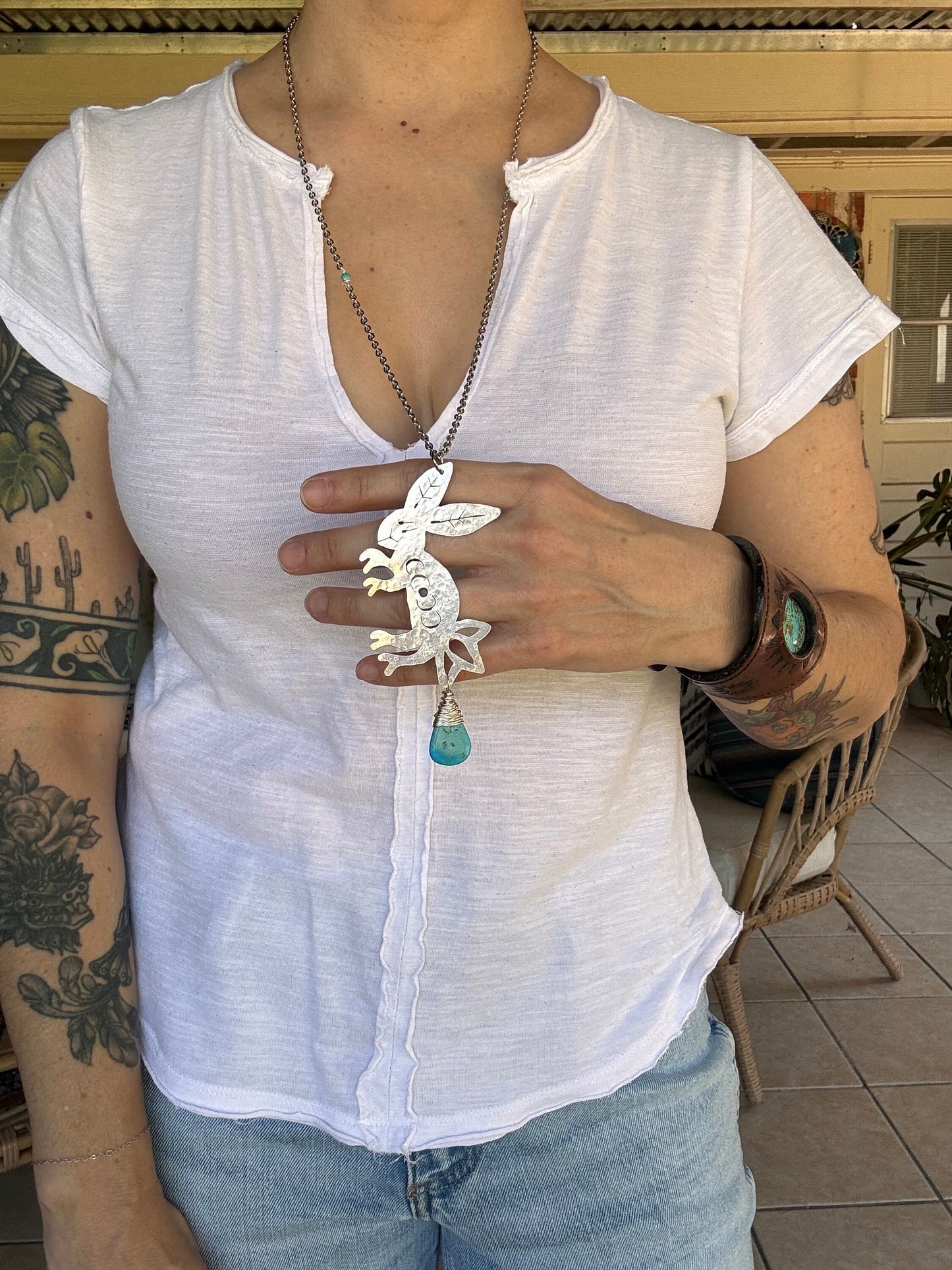 Handmade Celestial Rabbit Necklace: Moon Phase Pendant with Turquoise