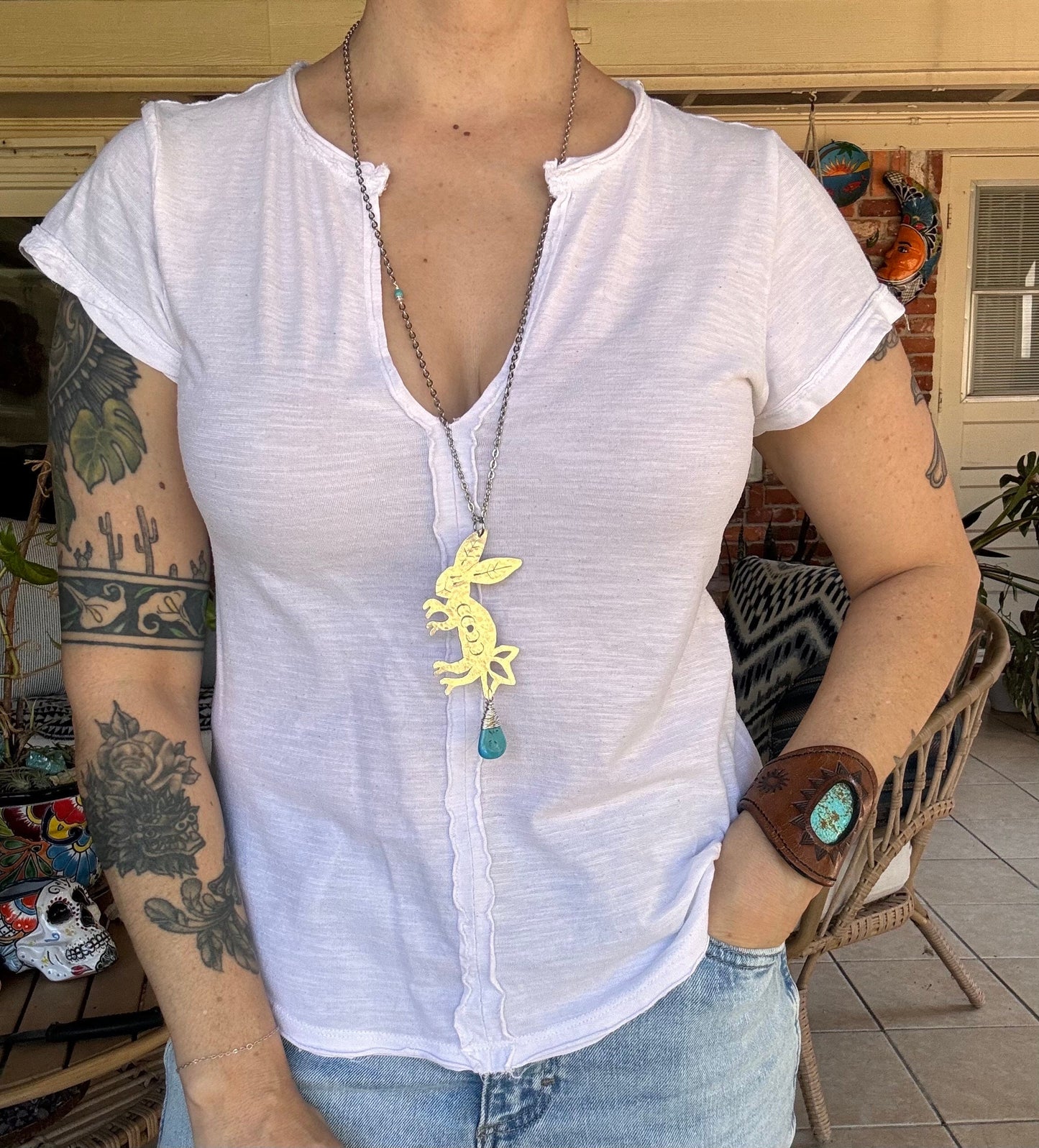 Handmade Celestial Rabbit Necklace: Moon Phase Pendant with Turquoise