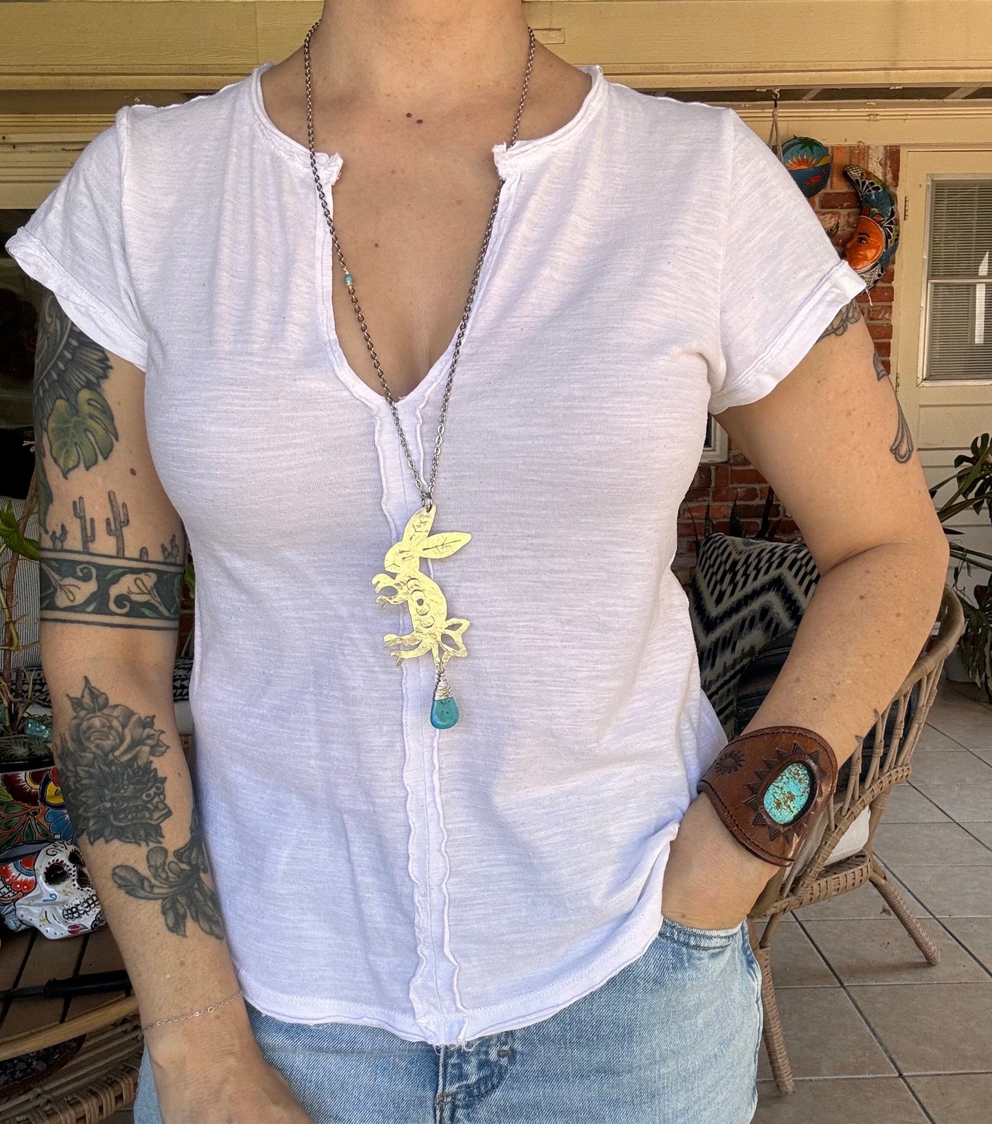 Handmade Celestial Rabbit Necklace: Moon Phase Pendant with Turquoise