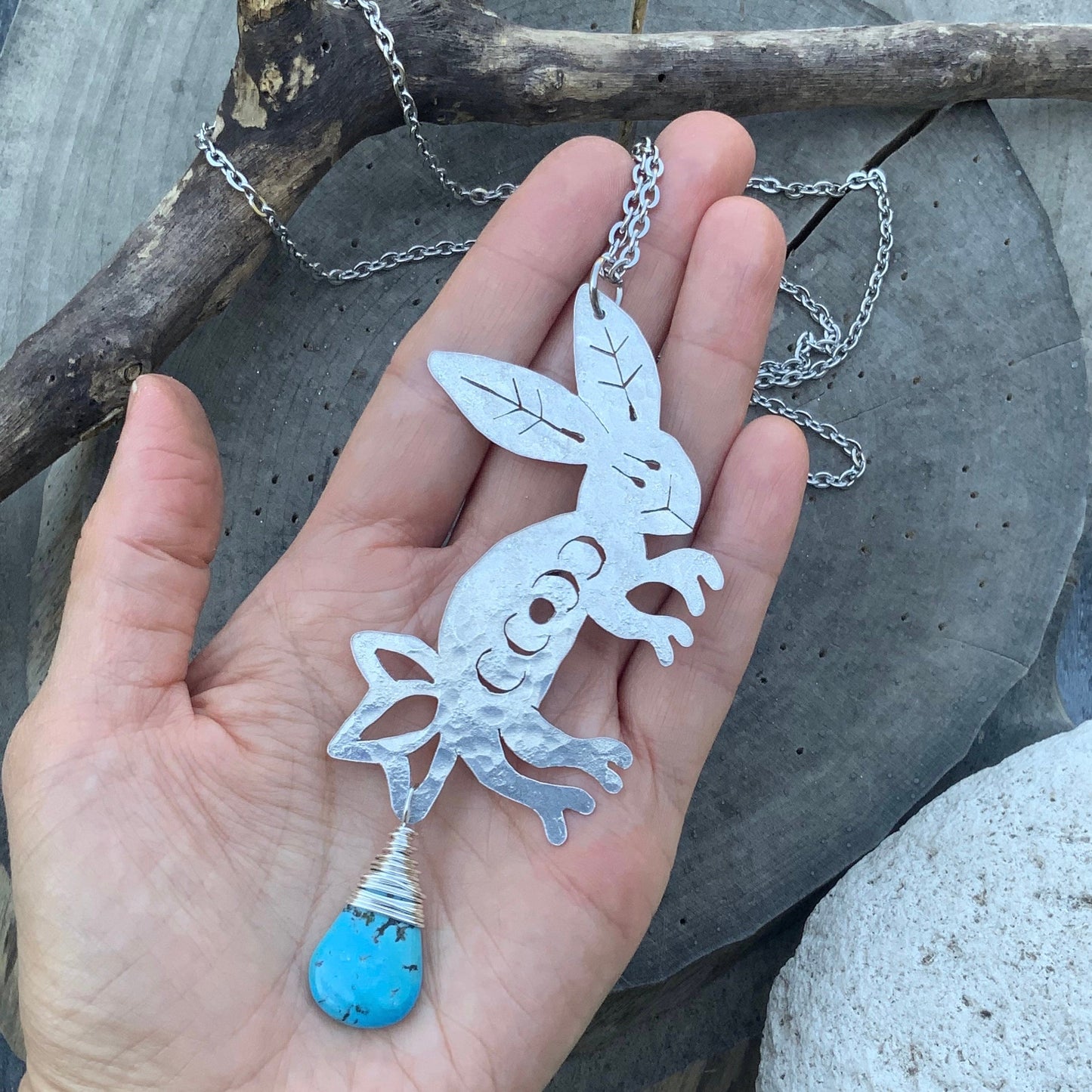 Handmade Celestial Rabbit Necklace: Moon Phase Pendant with Turquoise