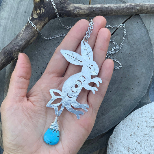 Handmade Celestial Rabbit Necklace: Moon Phase Pendant with Turquoise
