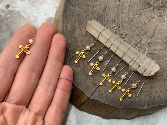 Brass Cross Threader Earrings: Freshwater Pearl, Mixed Metal Dangle