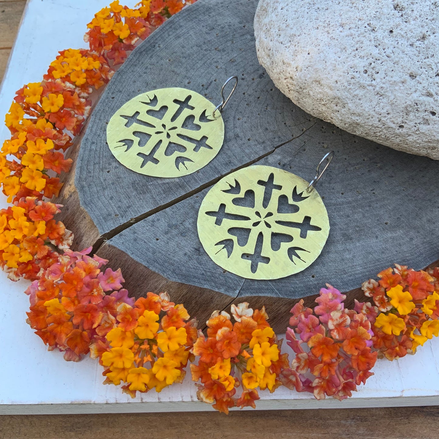 Hammered Brass Sacred Heart and cross Earrings: Handmade Cutout Jewelry