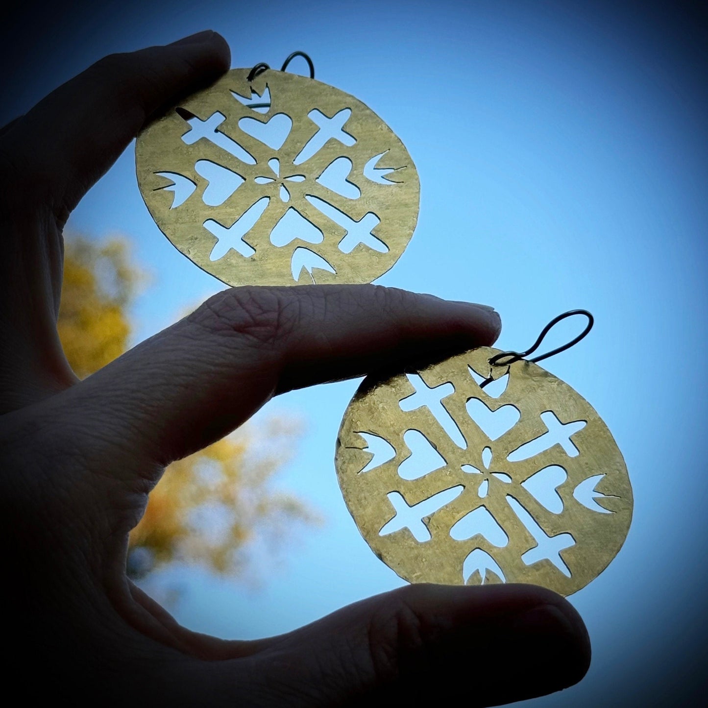 Hammered Brass Sacred Heart and cross Earrings: Handmade Cutout Jewelry