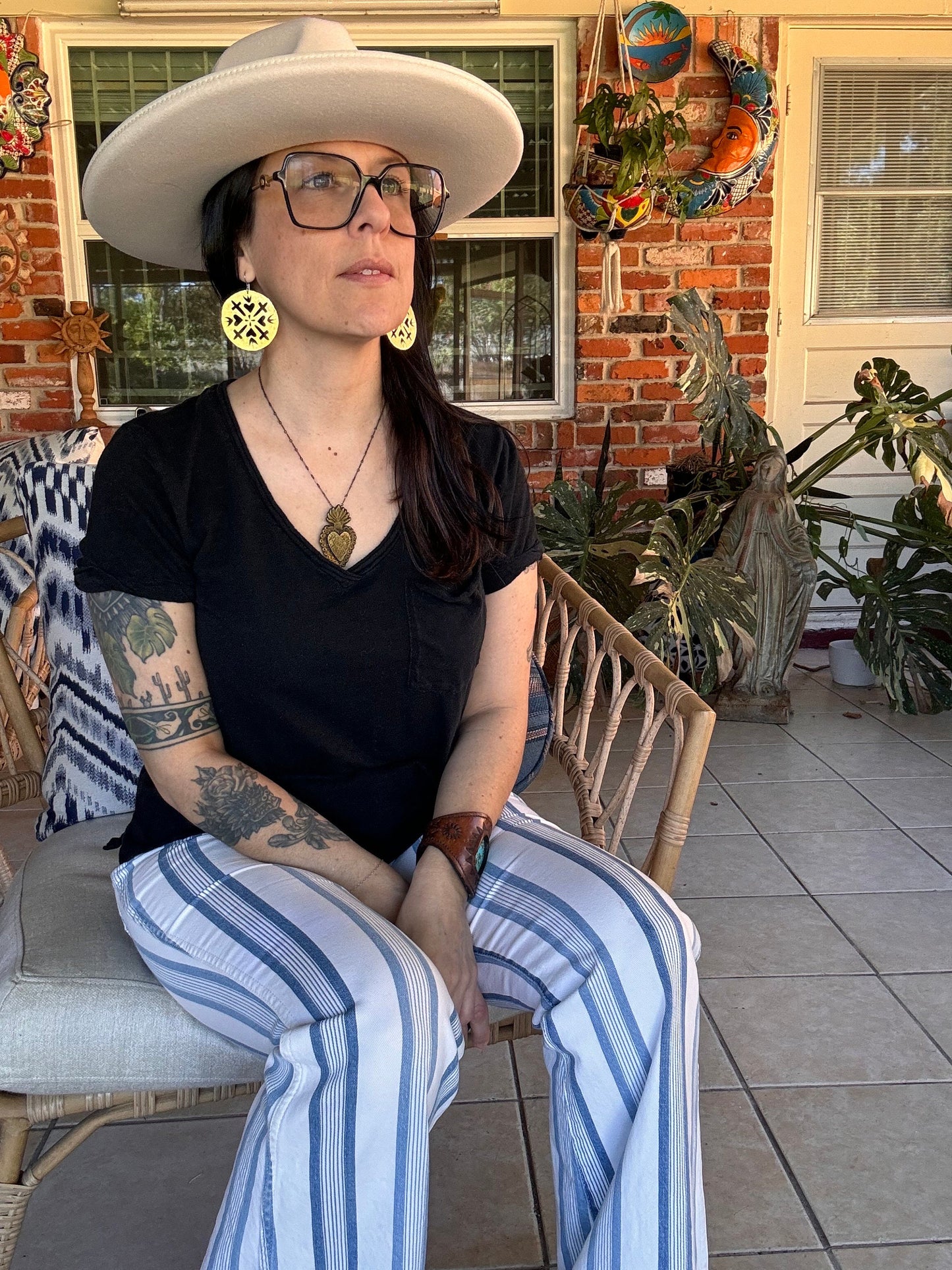 Hammered Brass Sacred Heart and cross Earrings: Handmade Cutout Jewelry