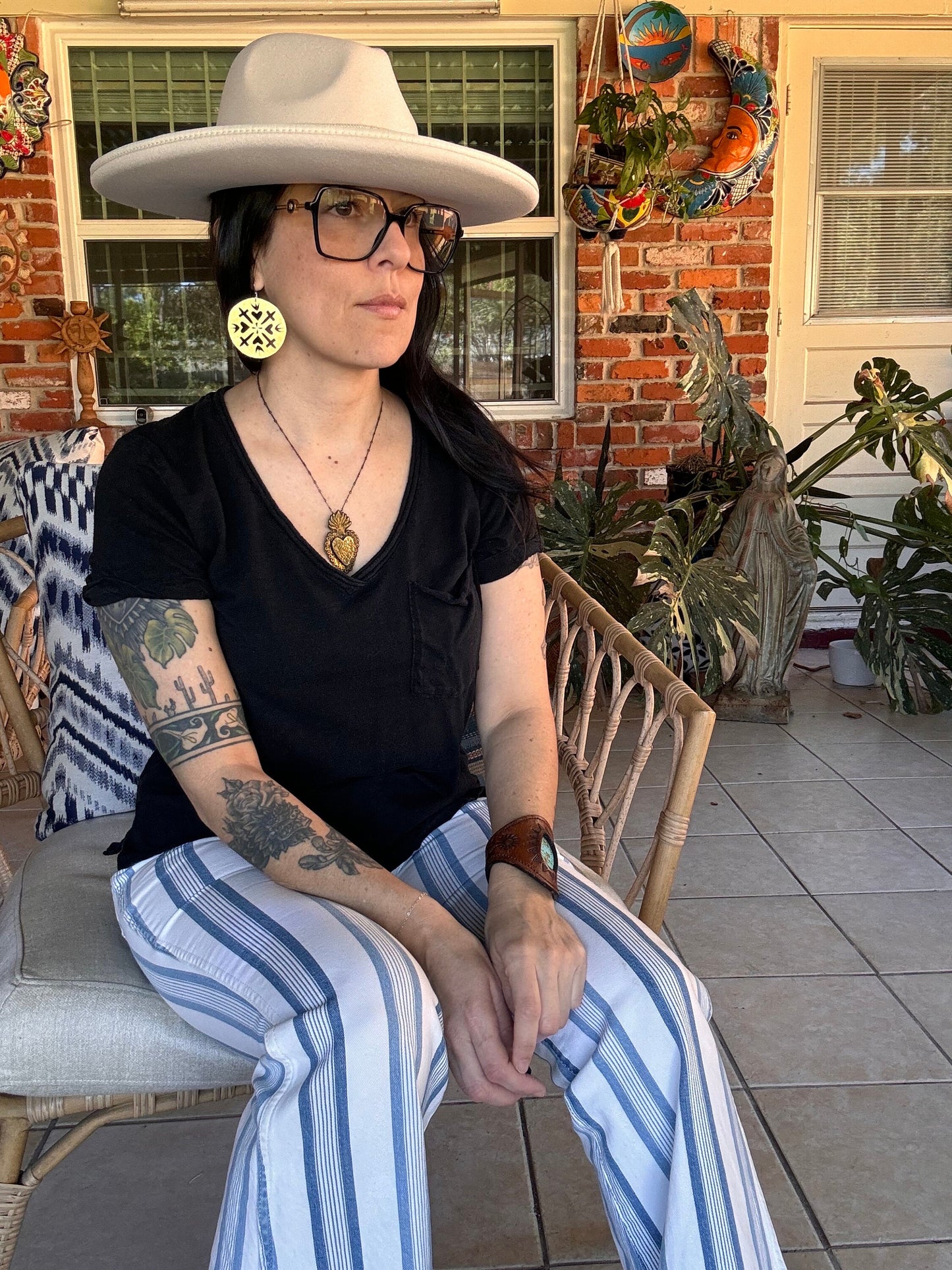 Hammered Brass Sacred Heart and cross Earrings: Handmade Cutout Jewelry