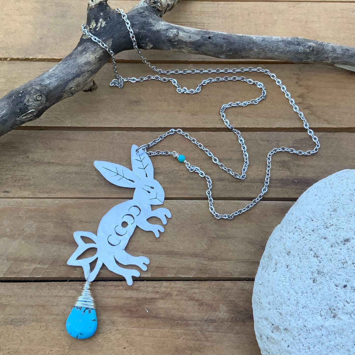 Handmade Celestial Rabbit Necklace: Moon Phase Pendant with Turquoise