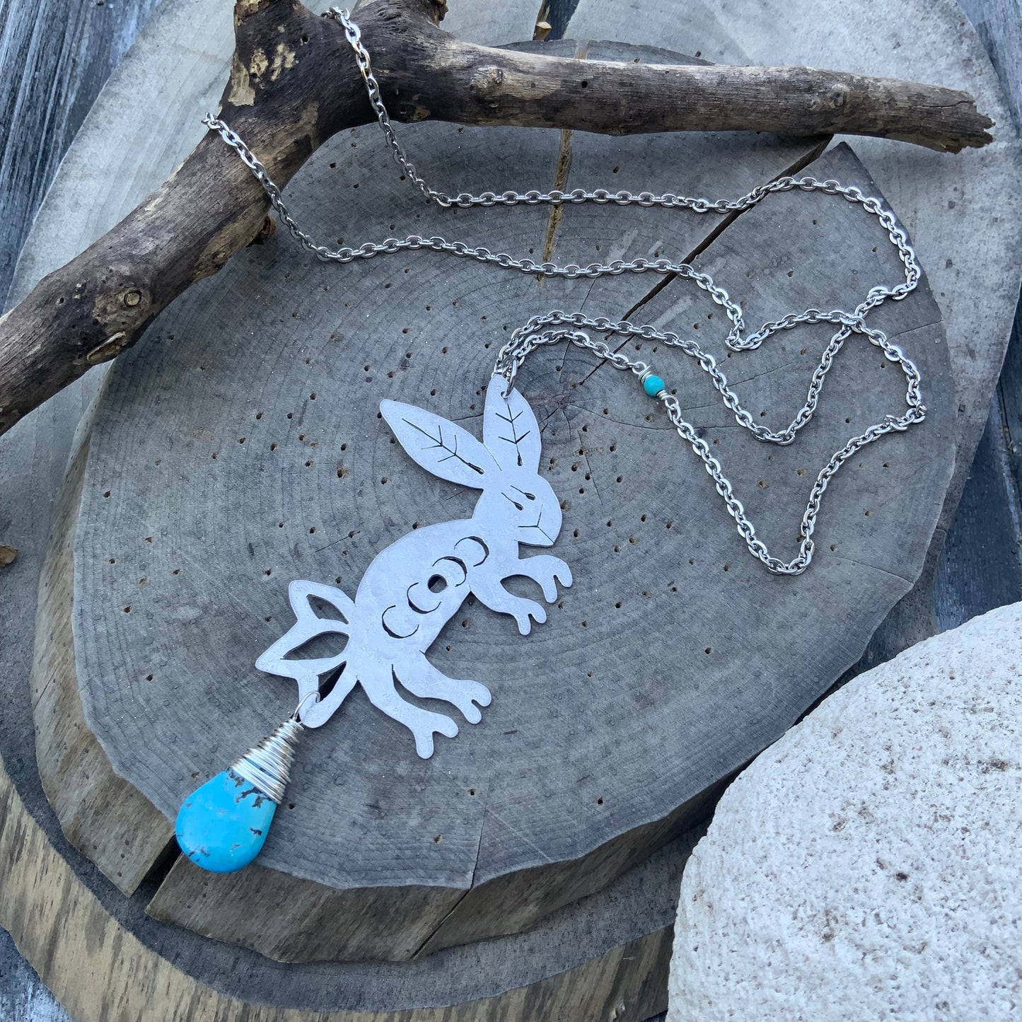 Handmade Celestial Rabbit Necklace: Moon Phase Pendant with Turquoise