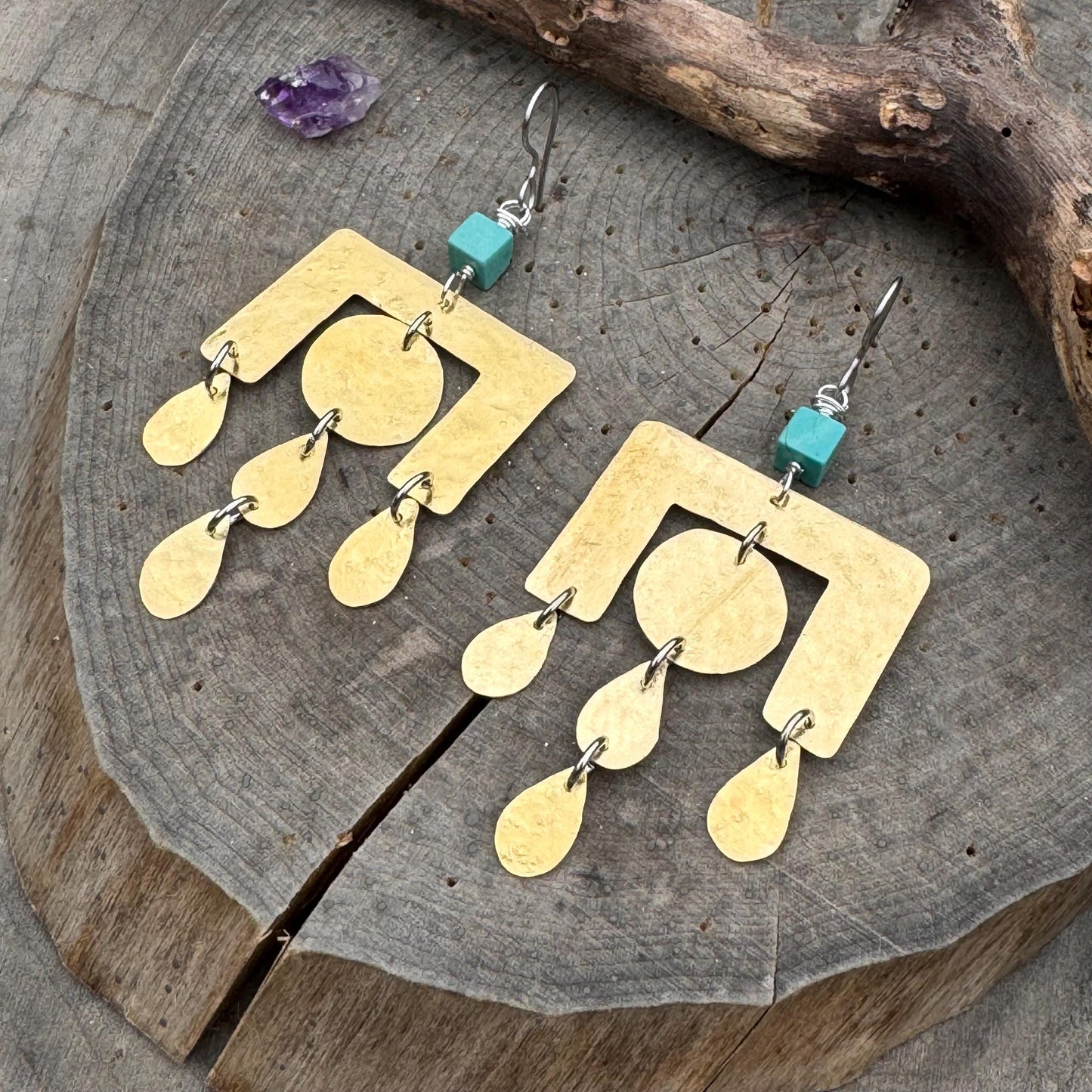 Geometric Brass Chandelier Earrings: Turquoise Dangle Earrings