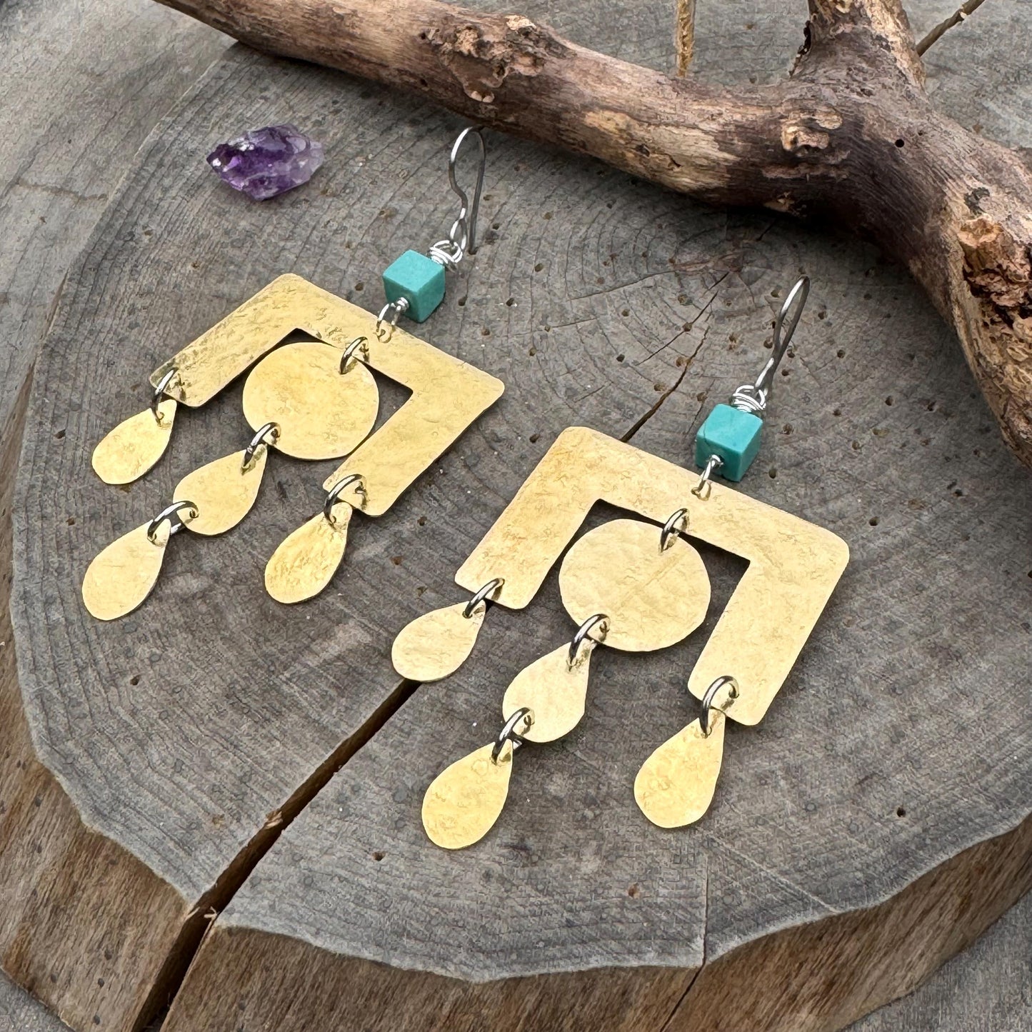 Geometric Brass Chandelier Earrings: Turquoise Dangle Earrings