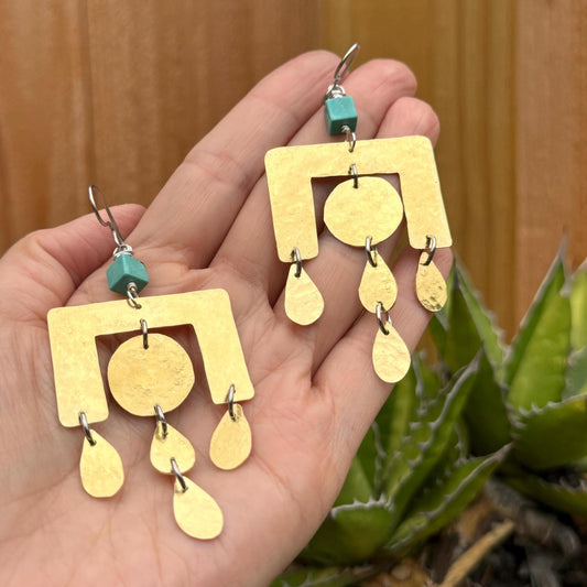 Geometric Brass Chandelier Earrings: Turquoise Dangle Earrings