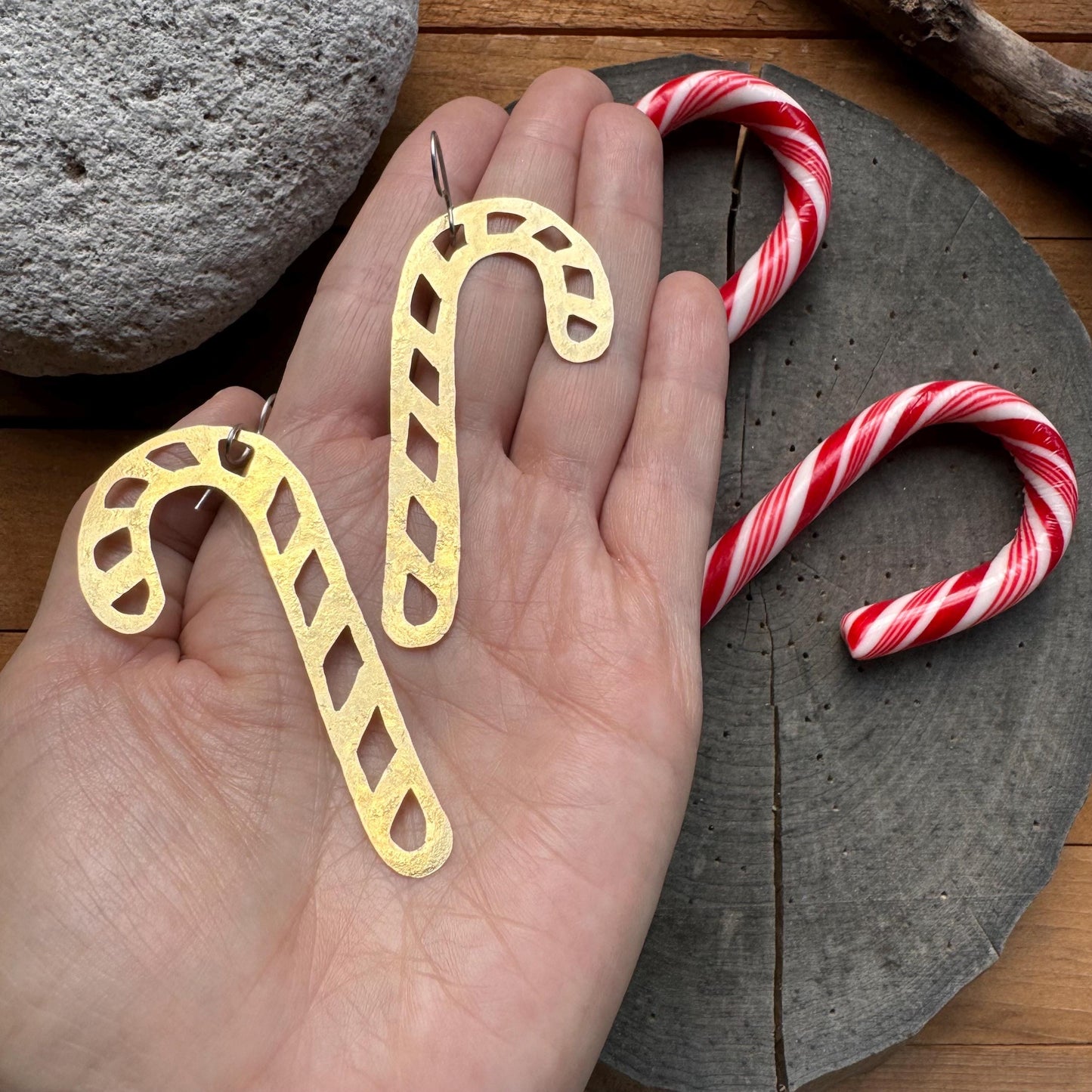 Hammered Brass Candy Cane Earrings: Christmas Dangles
