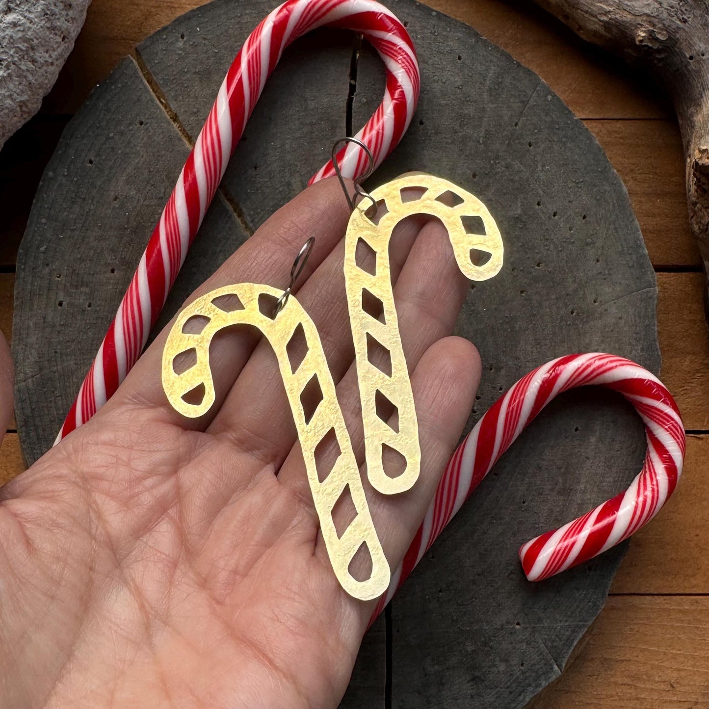 Hammered Brass Candy Cane Earrings: Christmas Dangles