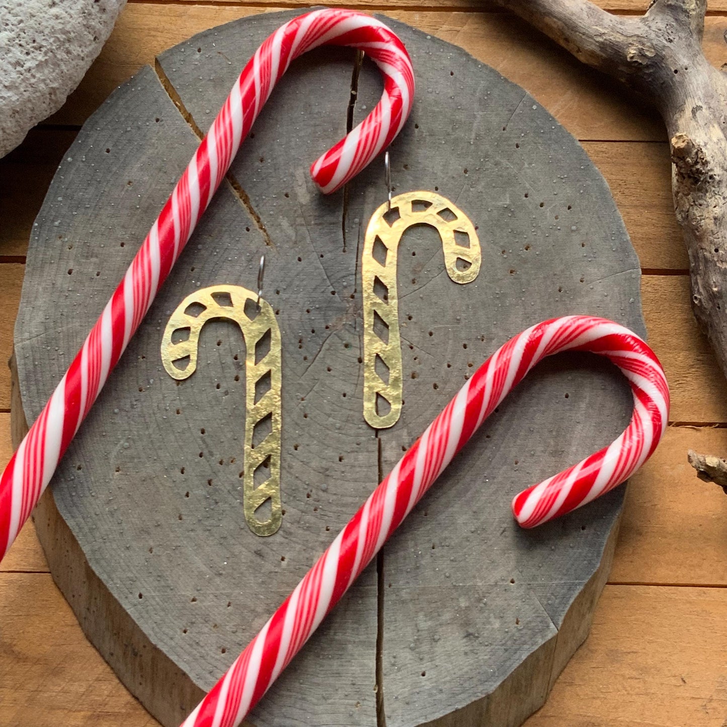 Hammered Brass Candy Cane Earrings: Christmas Dangles