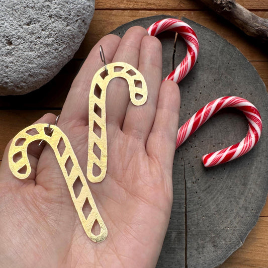Hammered Brass Candy Cane Earrings: Christmas Dangles