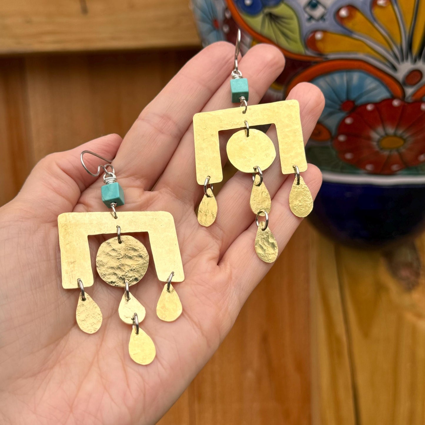Geometric Brass Chandelier Earrings: Turquoise Dangle Earrings