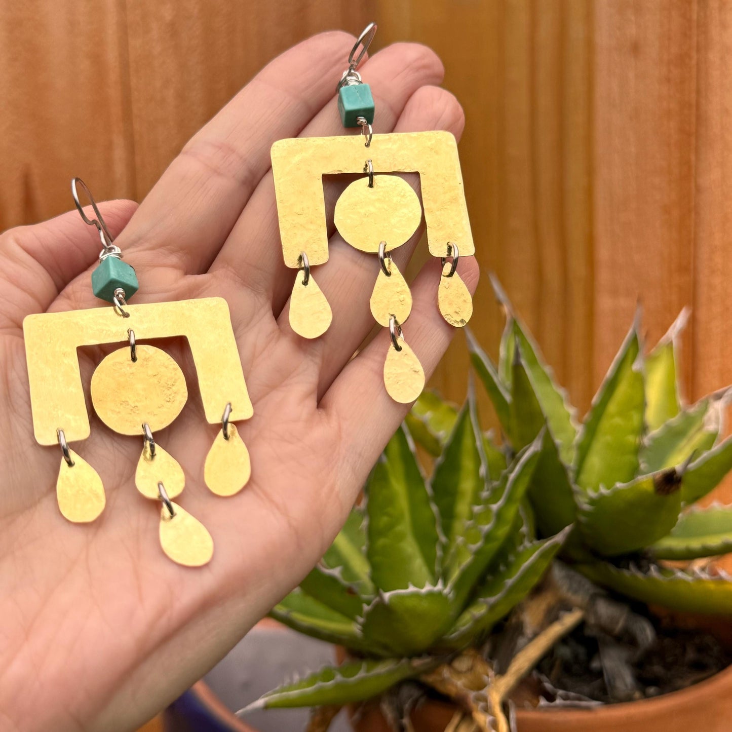 Geometric Brass Chandelier Earrings: Turquoise Dangle Earrings