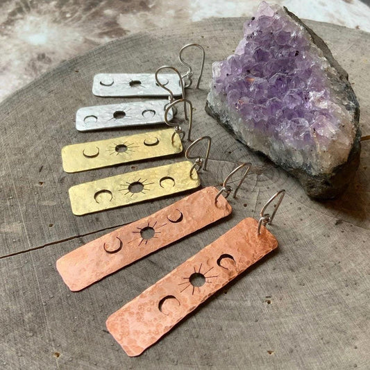 Solar Phase hammered bar earrings, celestial brass bar dangles