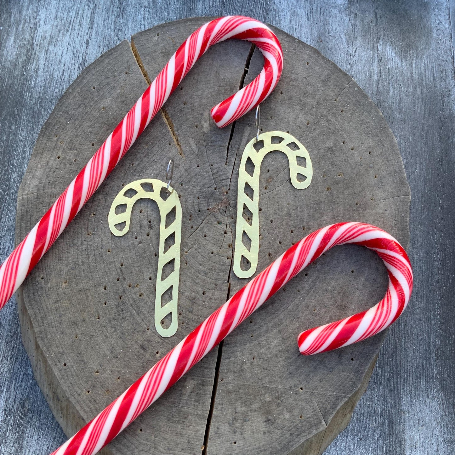 Hammered Brass Candy Cane Earrings: Christmas Dangles