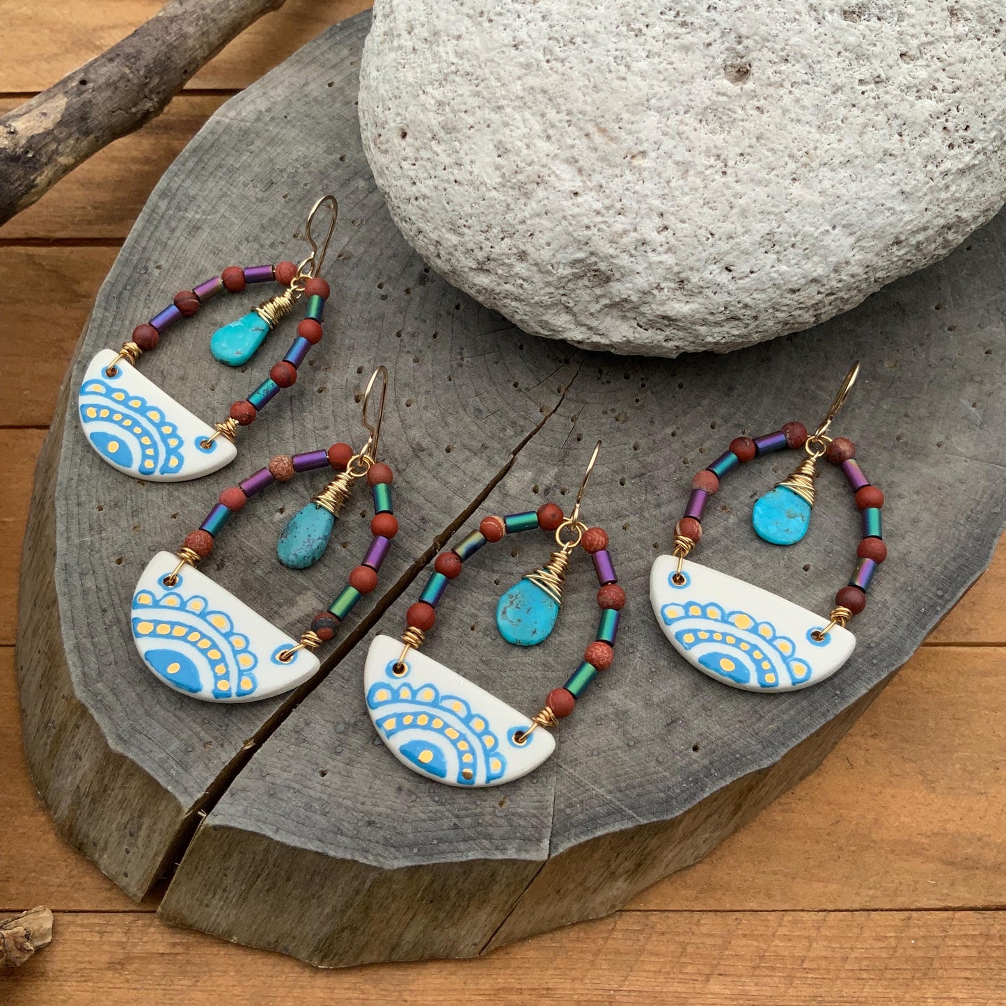 Handmade Southwestern Ceramic Turquoise Drop Earrings: Folk Jewelry