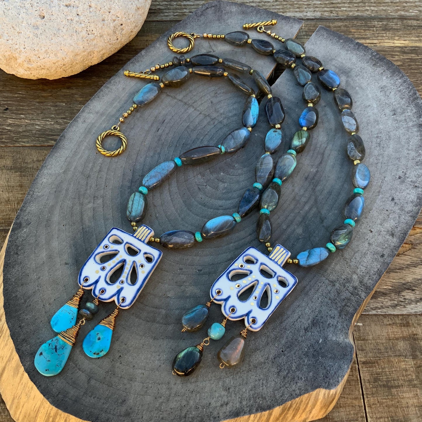 Handmade Ceramic Papel Picado Necklace: Labradorite & Turquoise Fringe