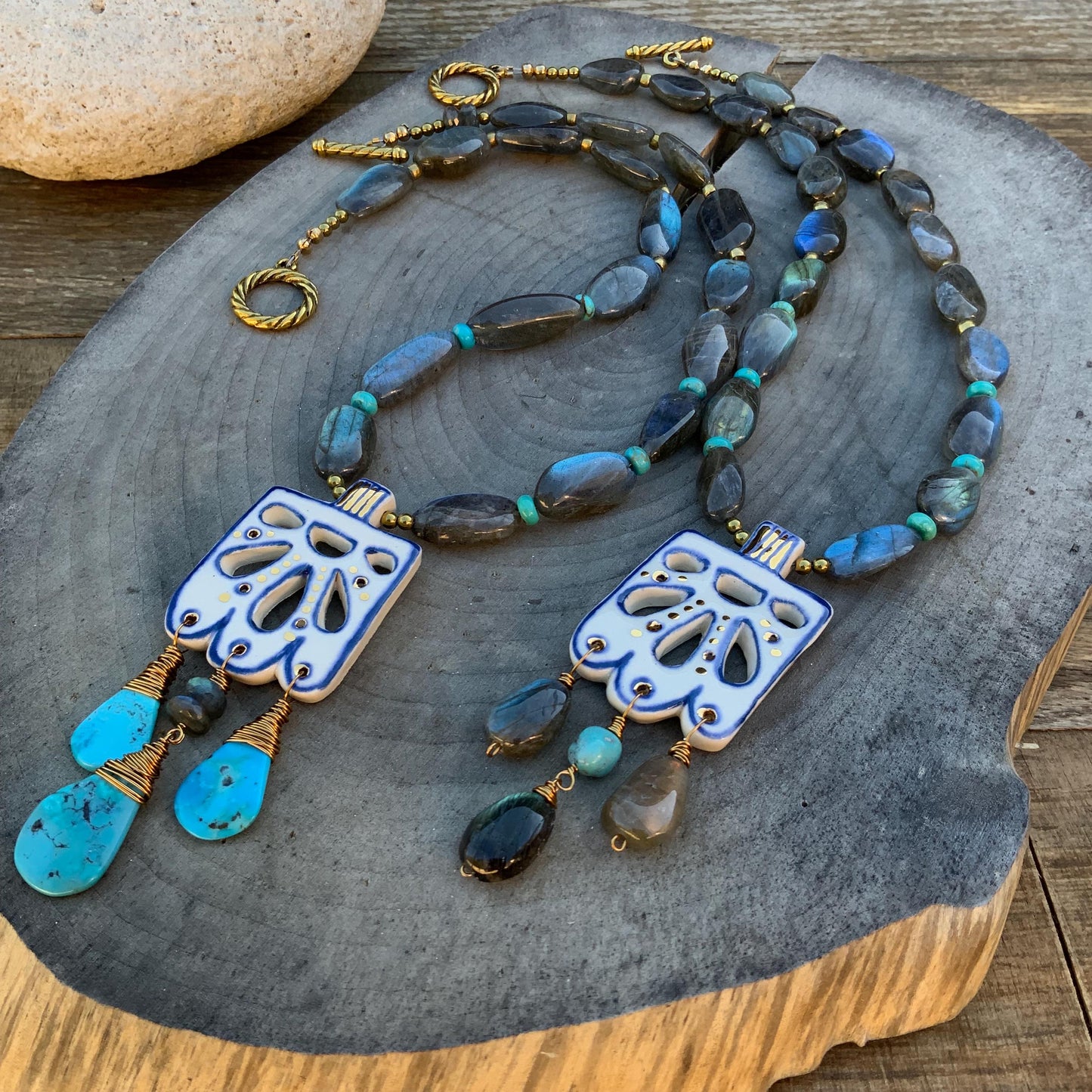 Handmade Ceramic Papel Picado Necklace: Labradorite & Turquoise Fringe