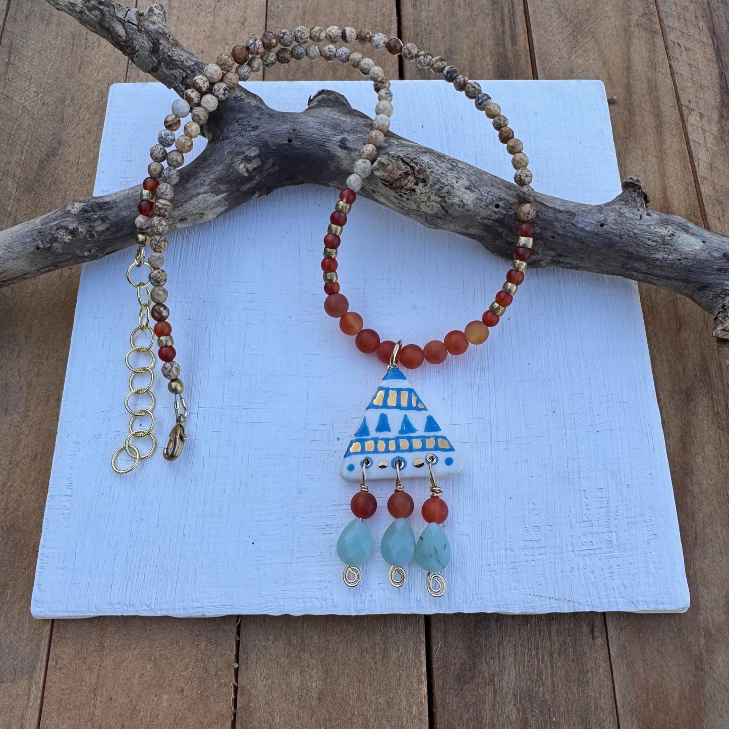 Handmade Tribal Ceramic Bead Necklace: Amazonite & Carnelian