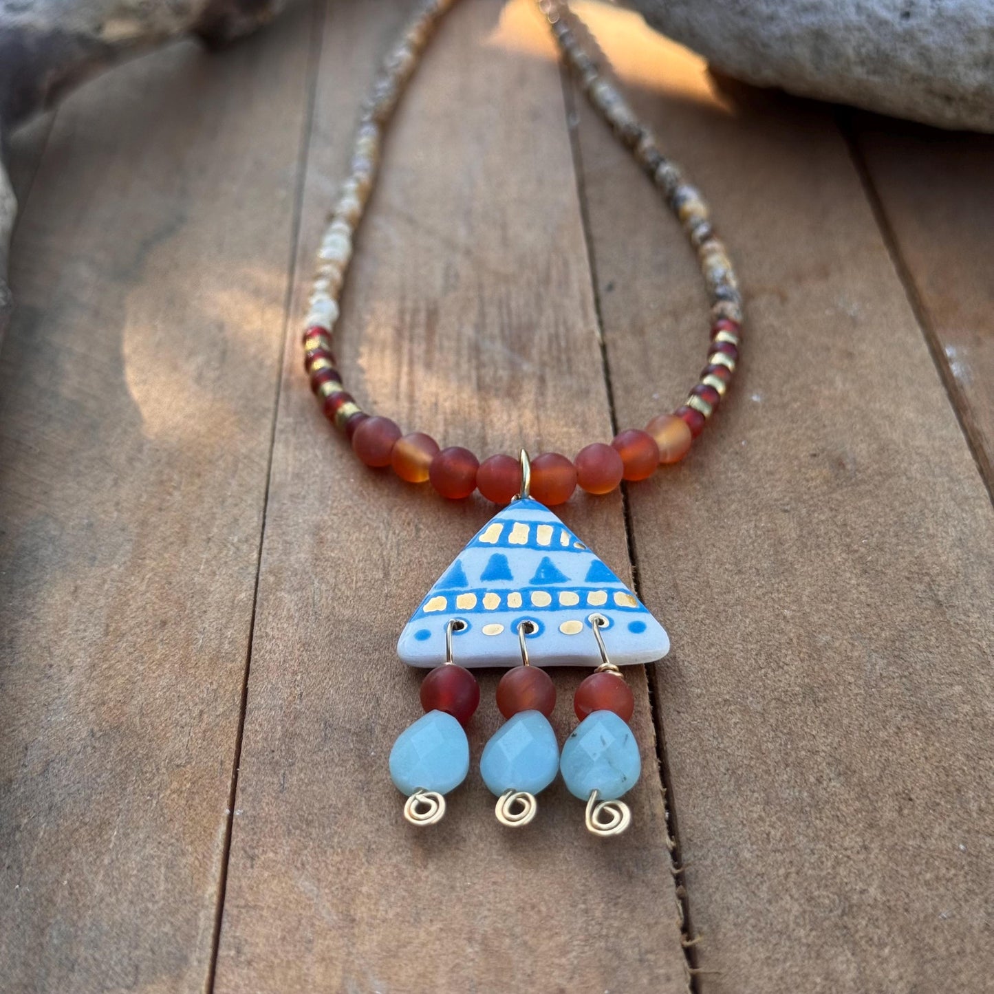 Handmade Tribal Ceramic Bead Necklace: Amazonite & Carnelian